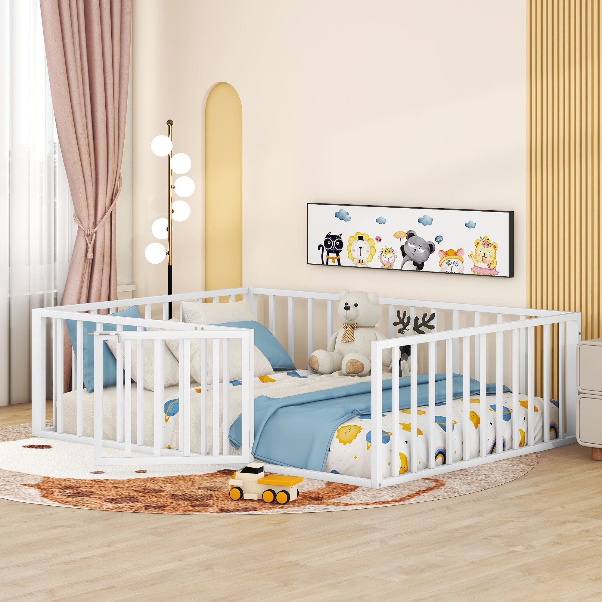 Metal Floor Bed Frame With Fence And Door