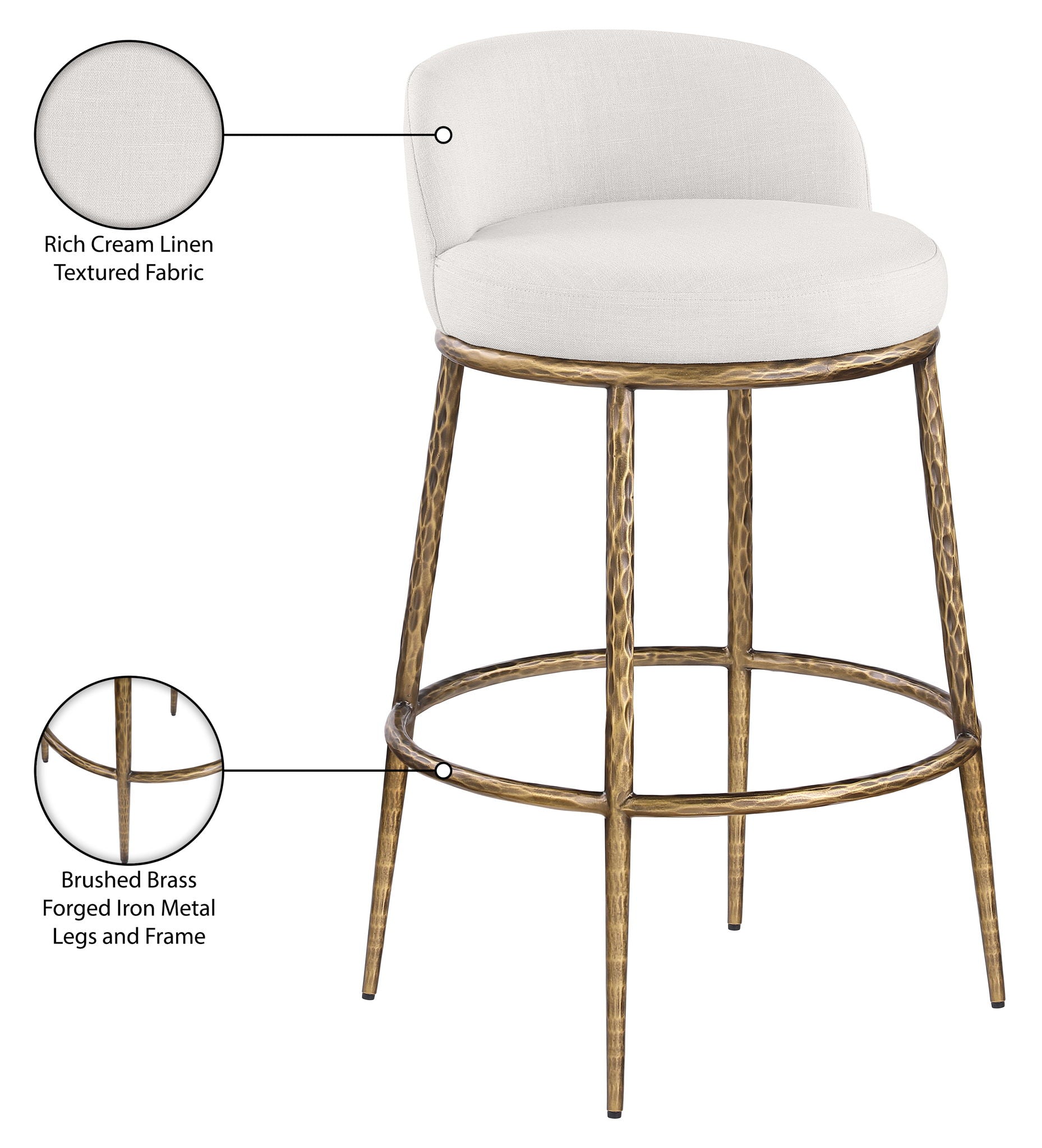 Ferro - Performance Fabric Upholstered Bar Stool - Cream / Antique Brass