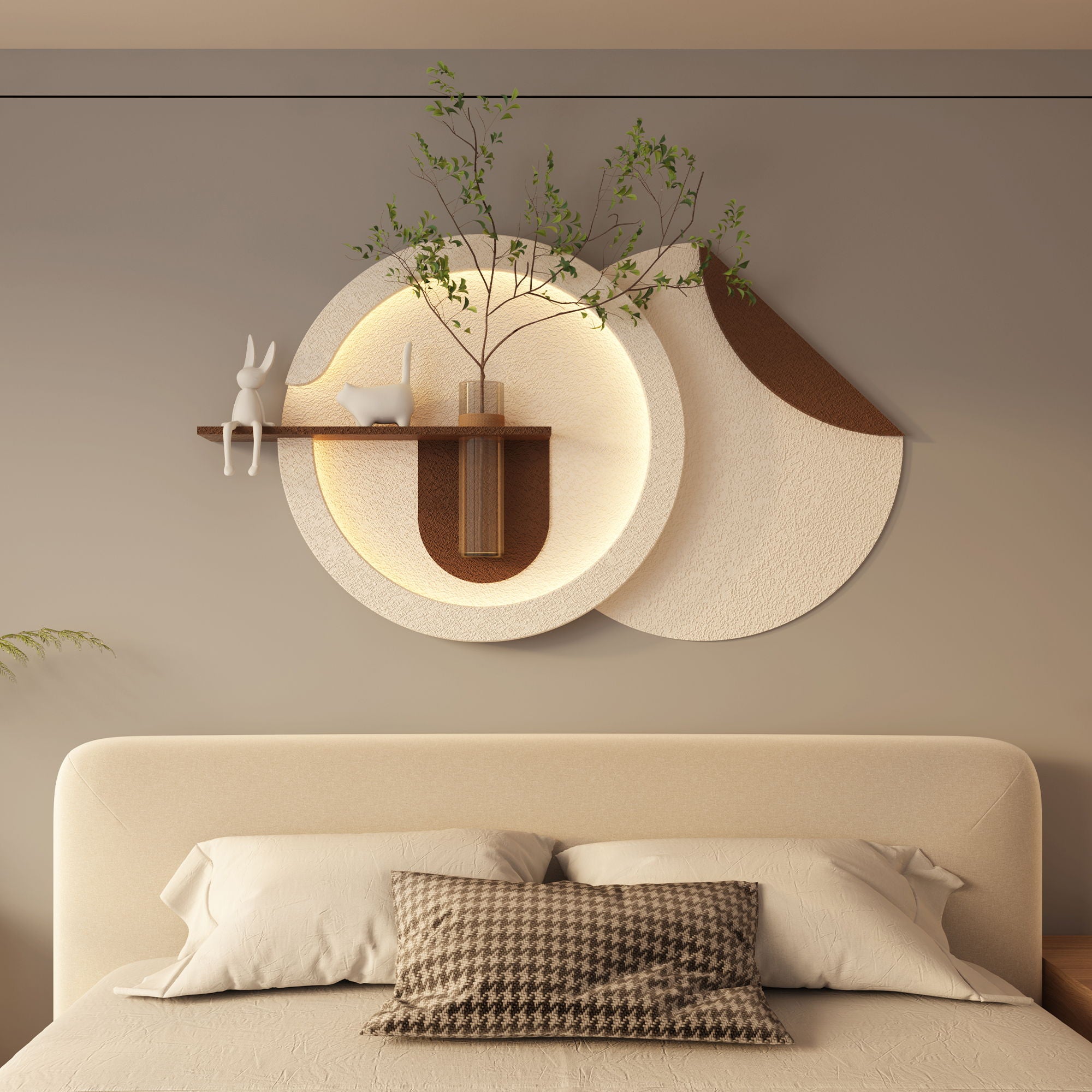 Adjustable 3 Color LED Sandstone Double Disc Wall Art With Simulated Greenery, Vase & Rabbit Statue - Light Coffee