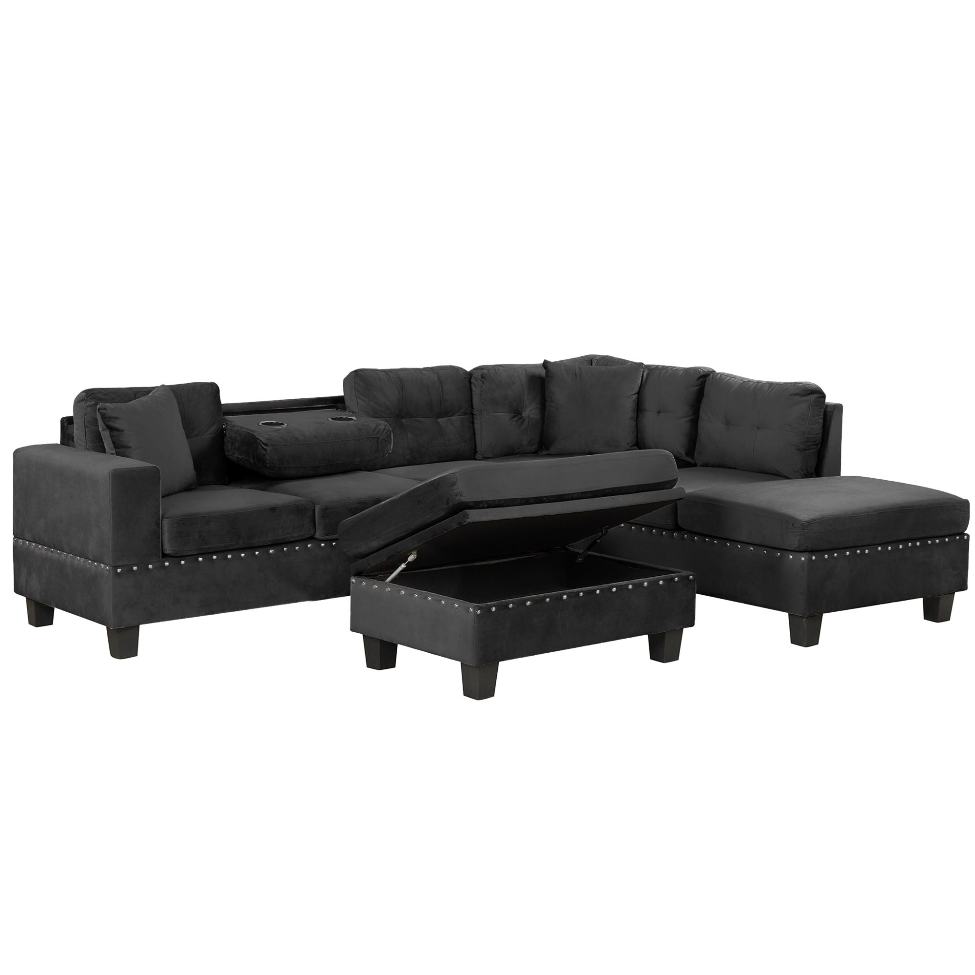 Modern Sectional Sofa With Storage Ottoman, L - Shape Couch With 2 Pillows And Cup Holders