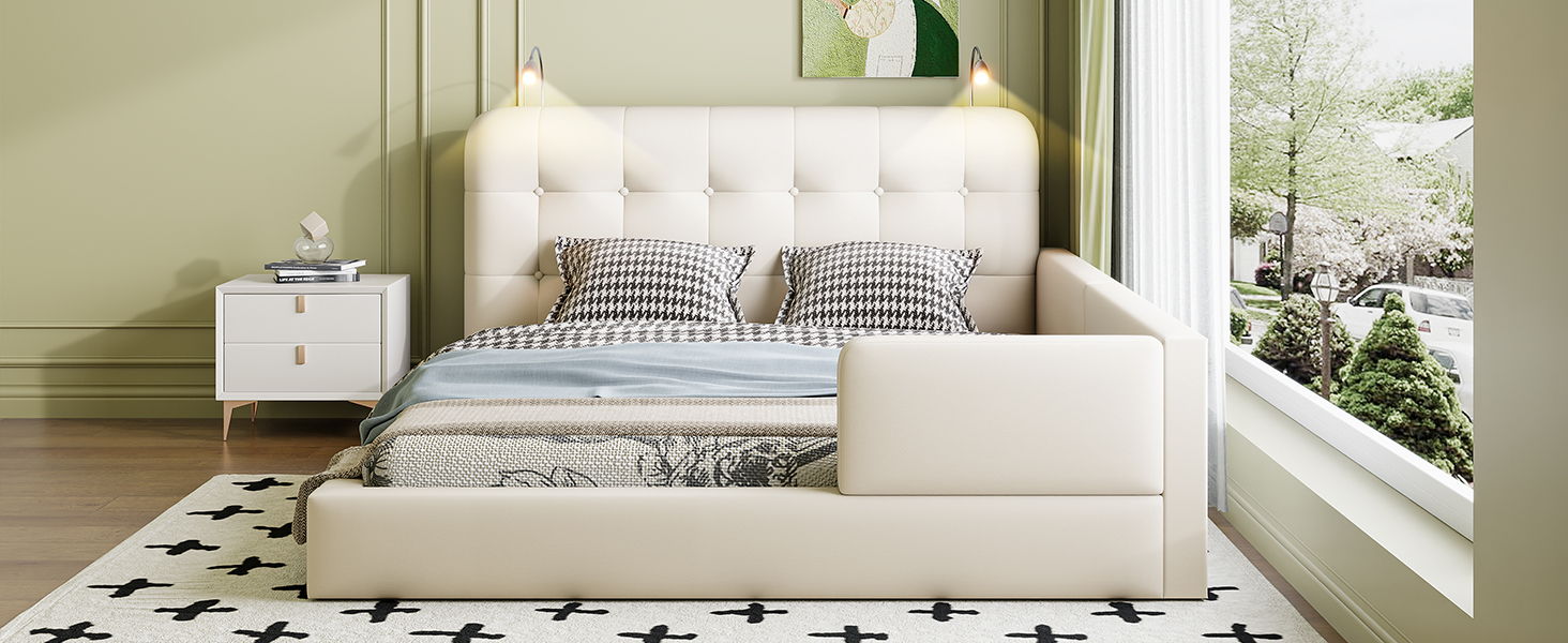 Queen Size Upholstered Platform Bed With 2 Reading Lights - White