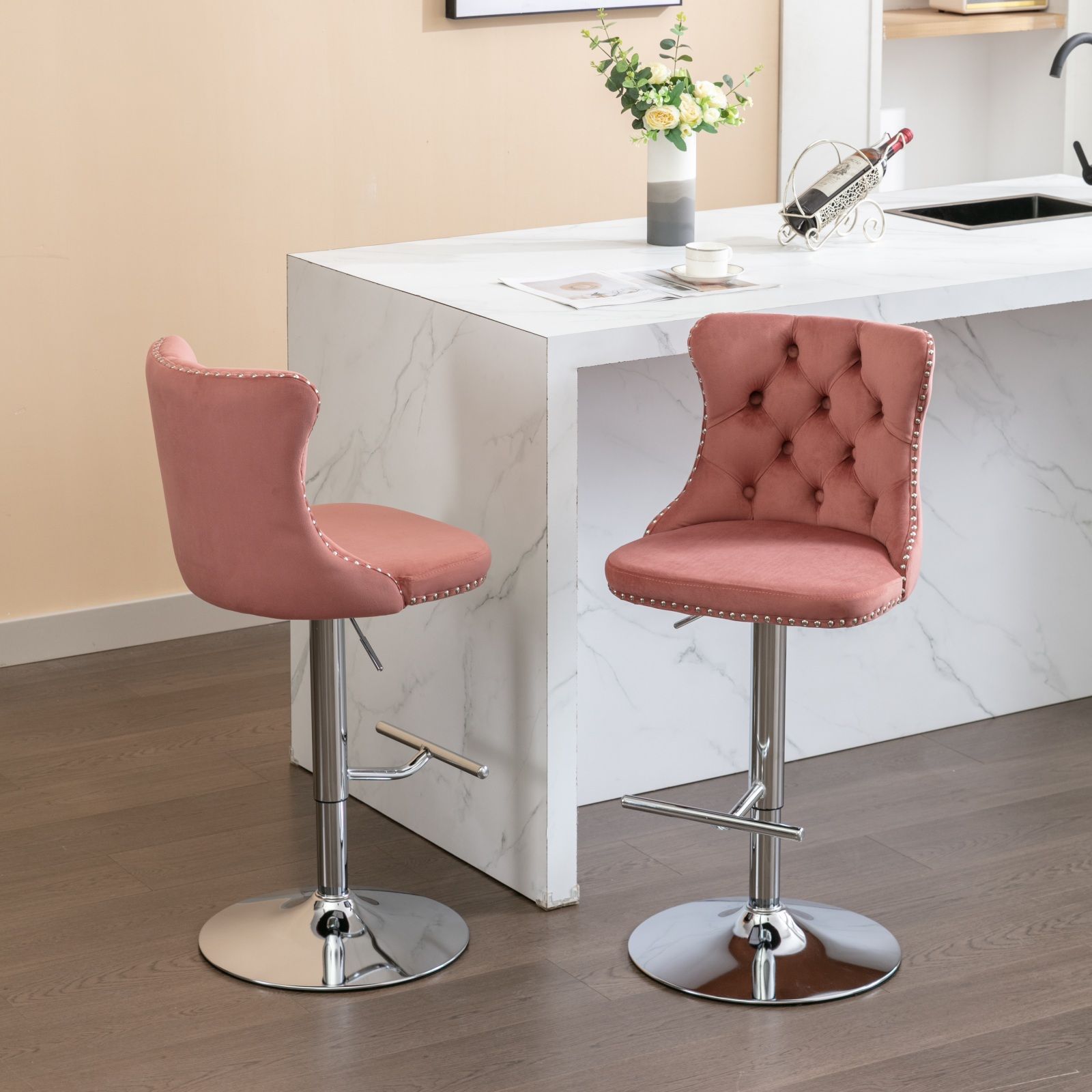 Swivel Barstools Adjusatble Seat Height From 25-33", Modern Upholstered Base Bar Stools With Backs Comfortable Tufted For Home Pub And Kitchen Island (Set of 2)