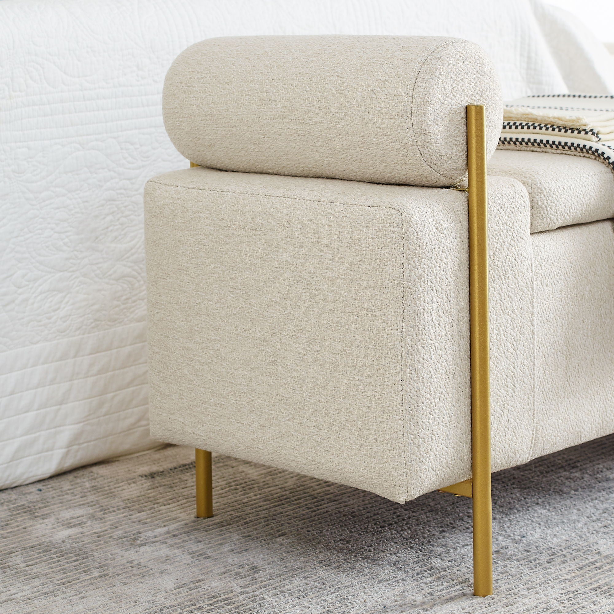 Elegant Upholstered Storage Bench With Cylindrical Arms And Iron Legs,