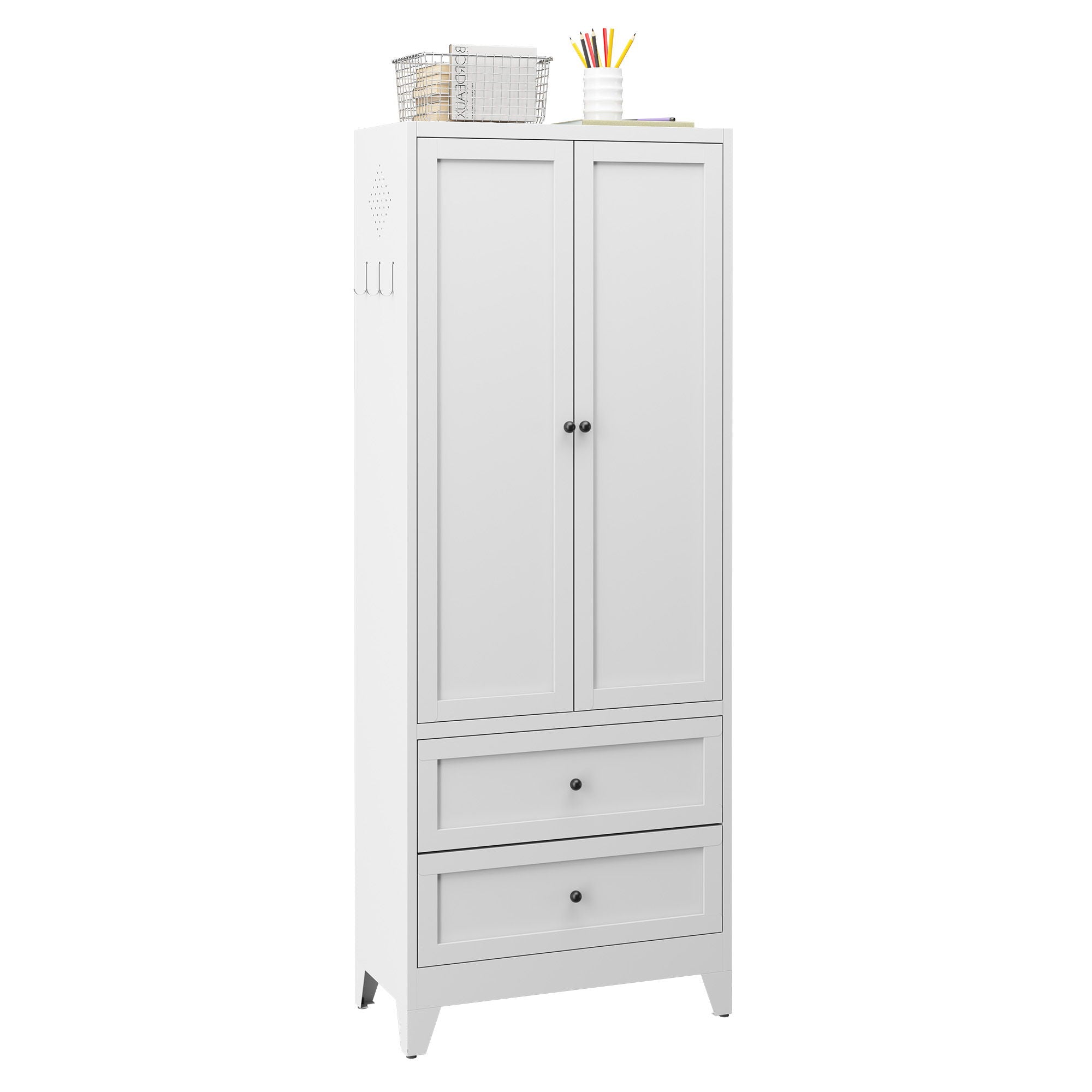 Pantry Cabinet With 2 Drawers, Adjustable Shelves, Freestanding Kitchen Storage Organizer - White