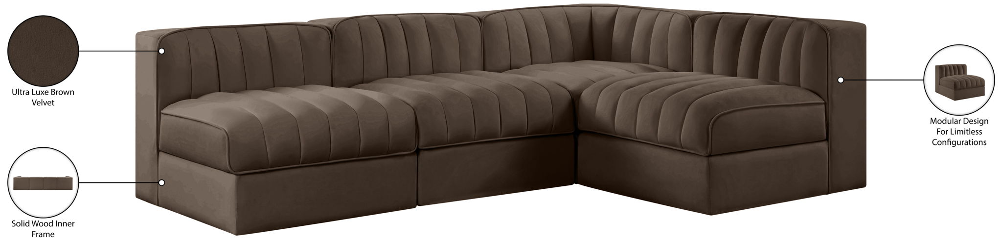 Rummi - Armless Velvet Performance Fabric Upholstered 4 Piece Modular Sectional