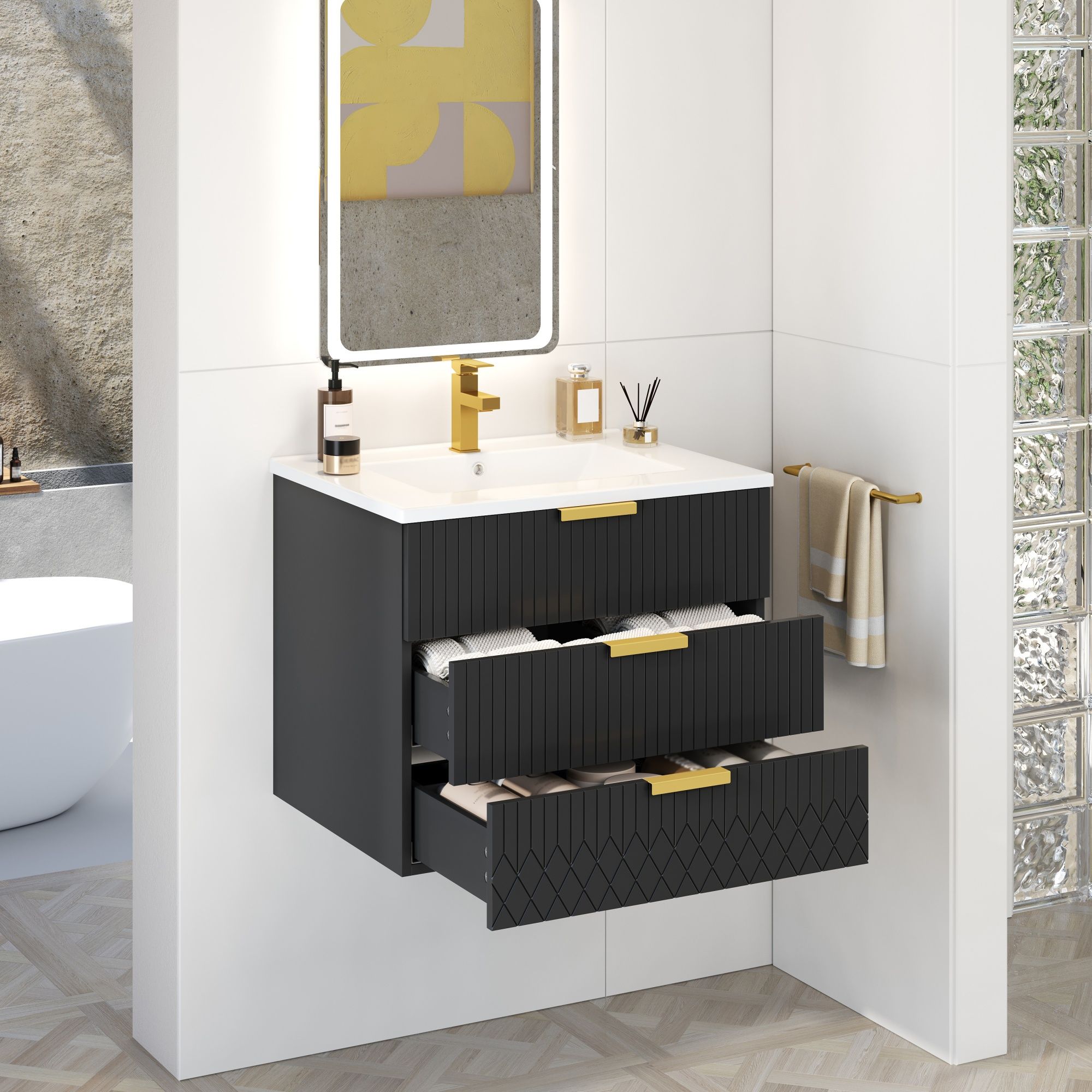 Wall Mounted Floating Cabinet With Double Drawer, Rectangular Sink