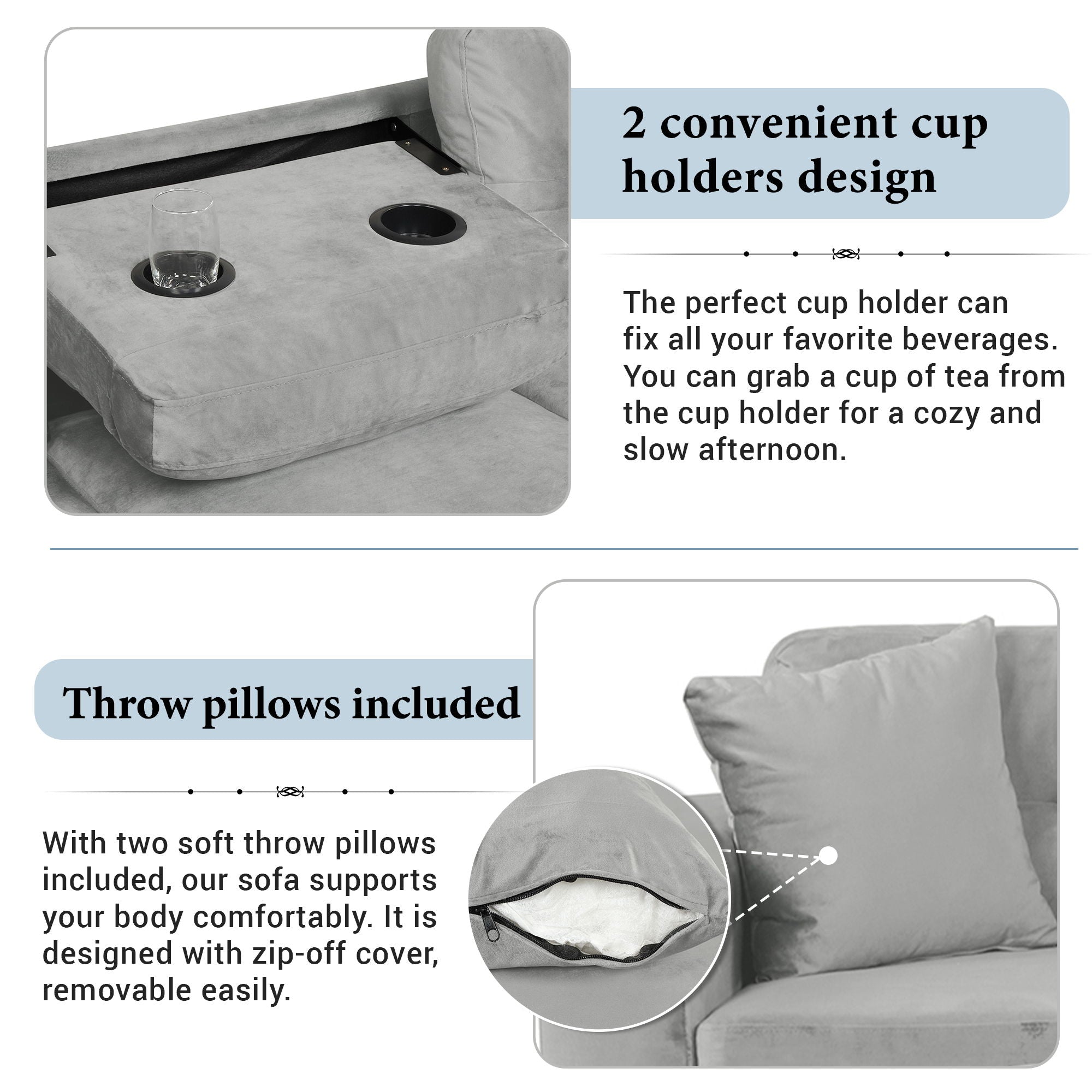 Modern Sectional Sofa With Storage Ottoman, L - Shape Couch With 2 Pillows And Cup Holders