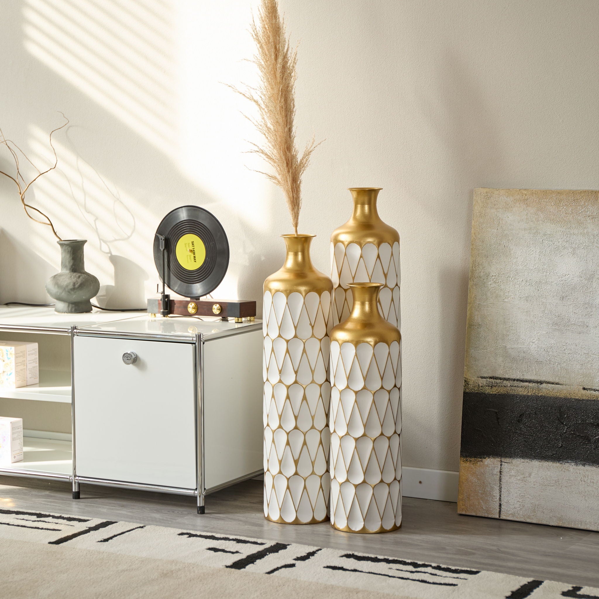 Floor Metal Vase Modern Style Decoration Home Droplet Shaped Metal Vase 3 Piece Set Gorgeous Home Decoration Large Glazed Metal Vase - Gold / White