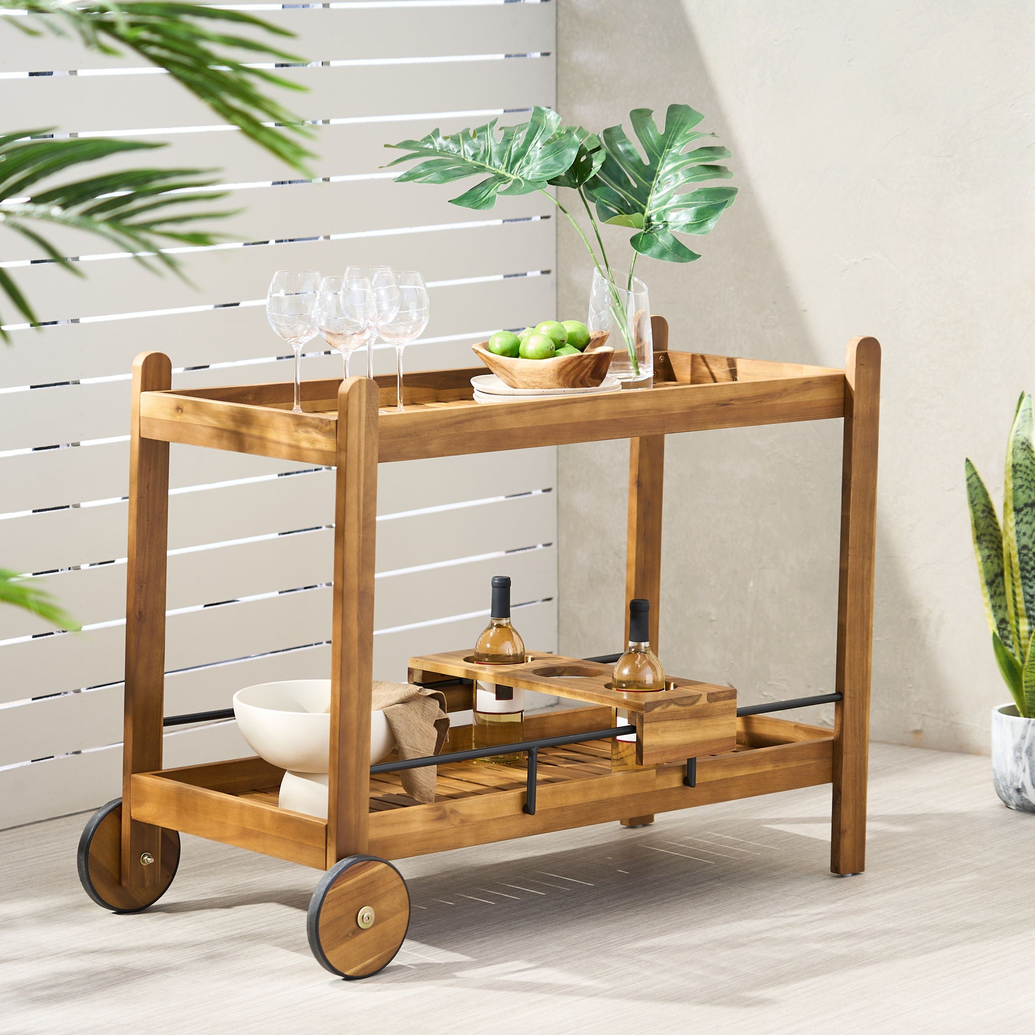 Bar Cart With Wine Bottle Holders, - Black