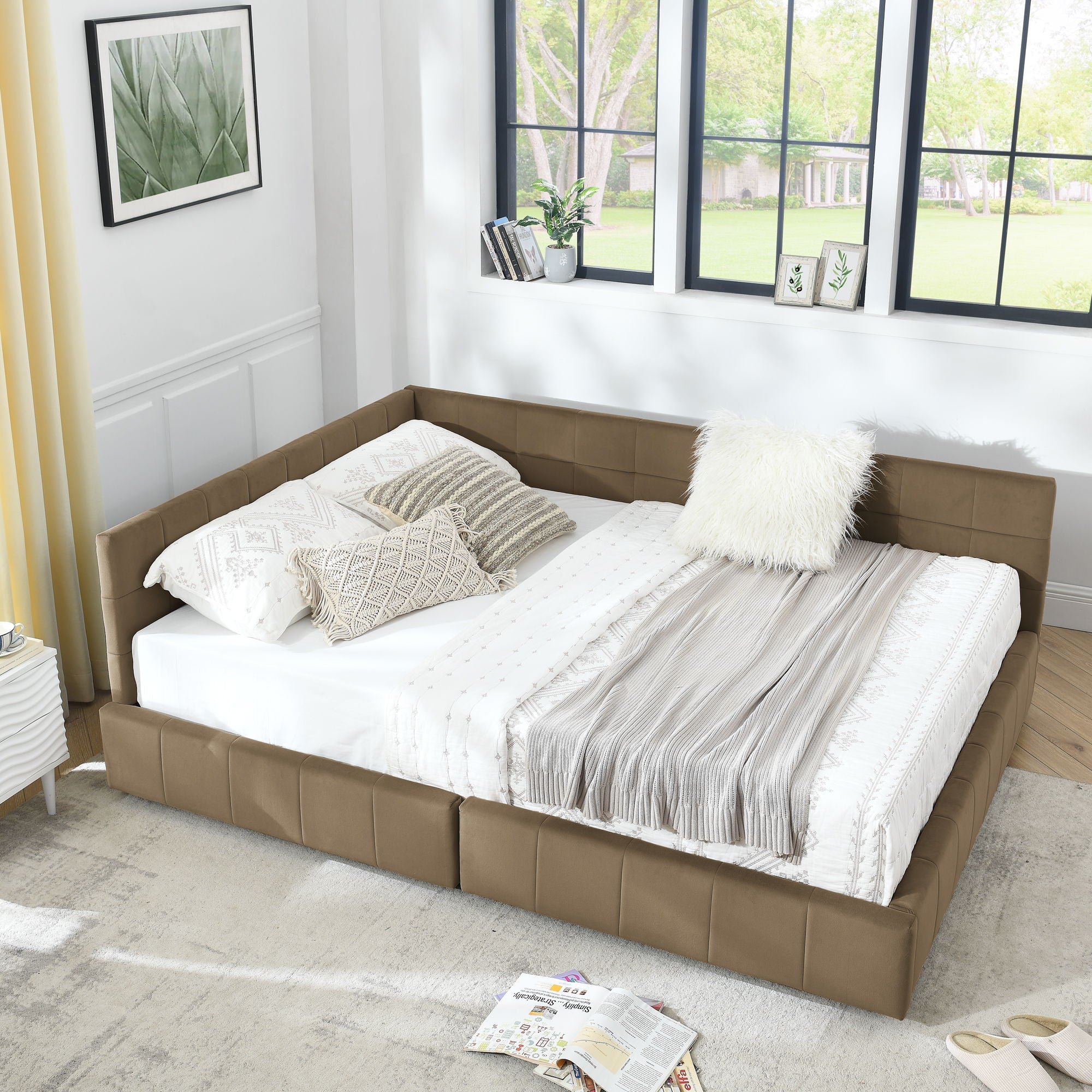 Mid-Century Storage Upholstered Tufted Bed Frame With Backrest And Armrests