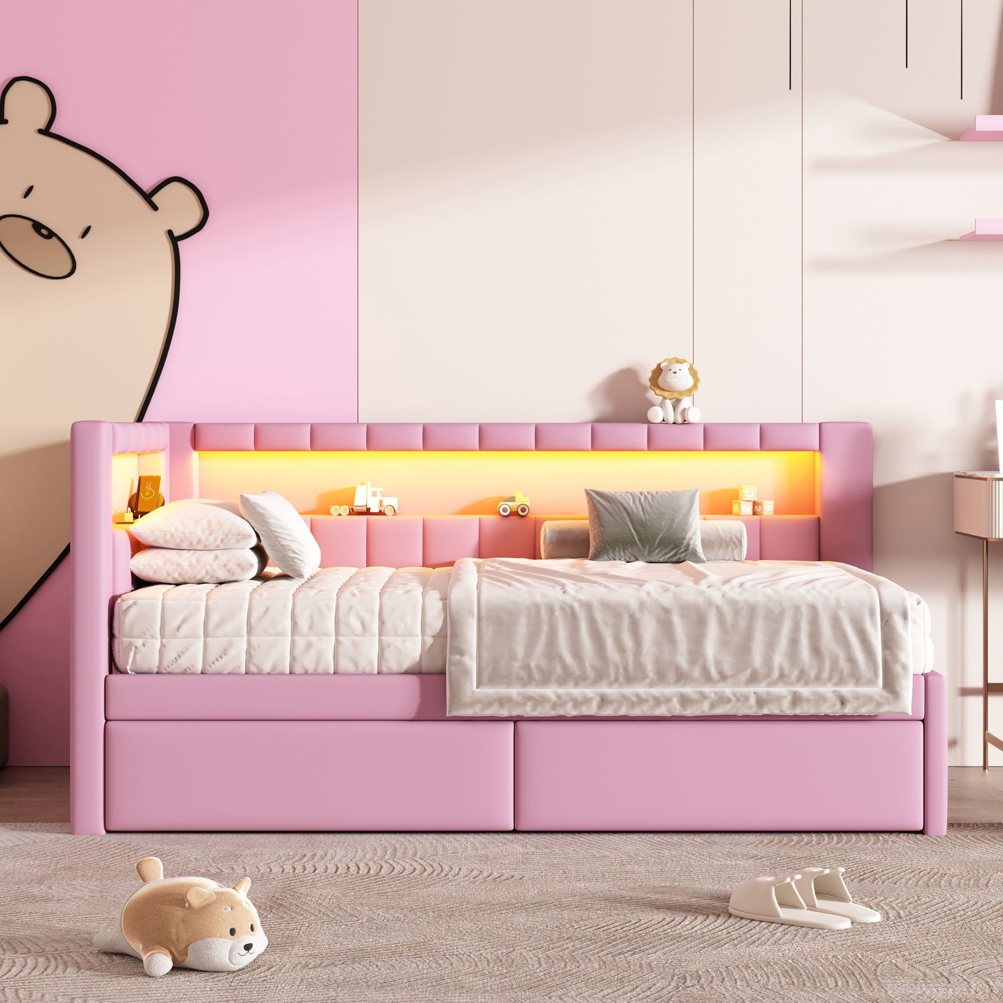 Upholstered Platform Bed With USB Ports And LED Belt