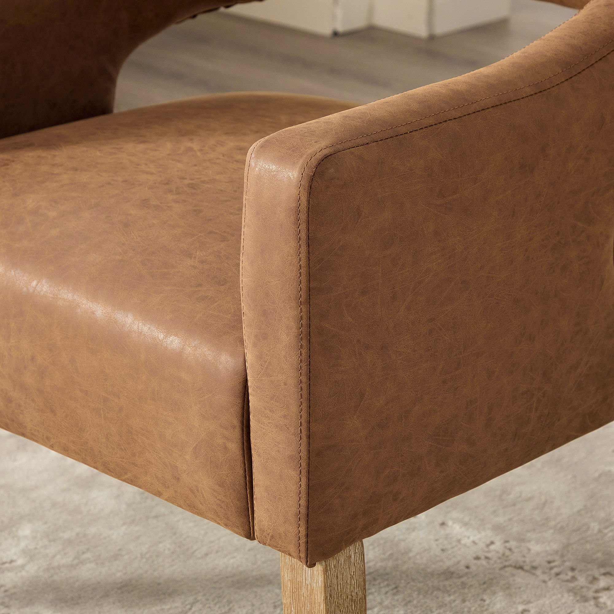 Upholstered Open Back Armchair With Weathered Rubberwood Legs