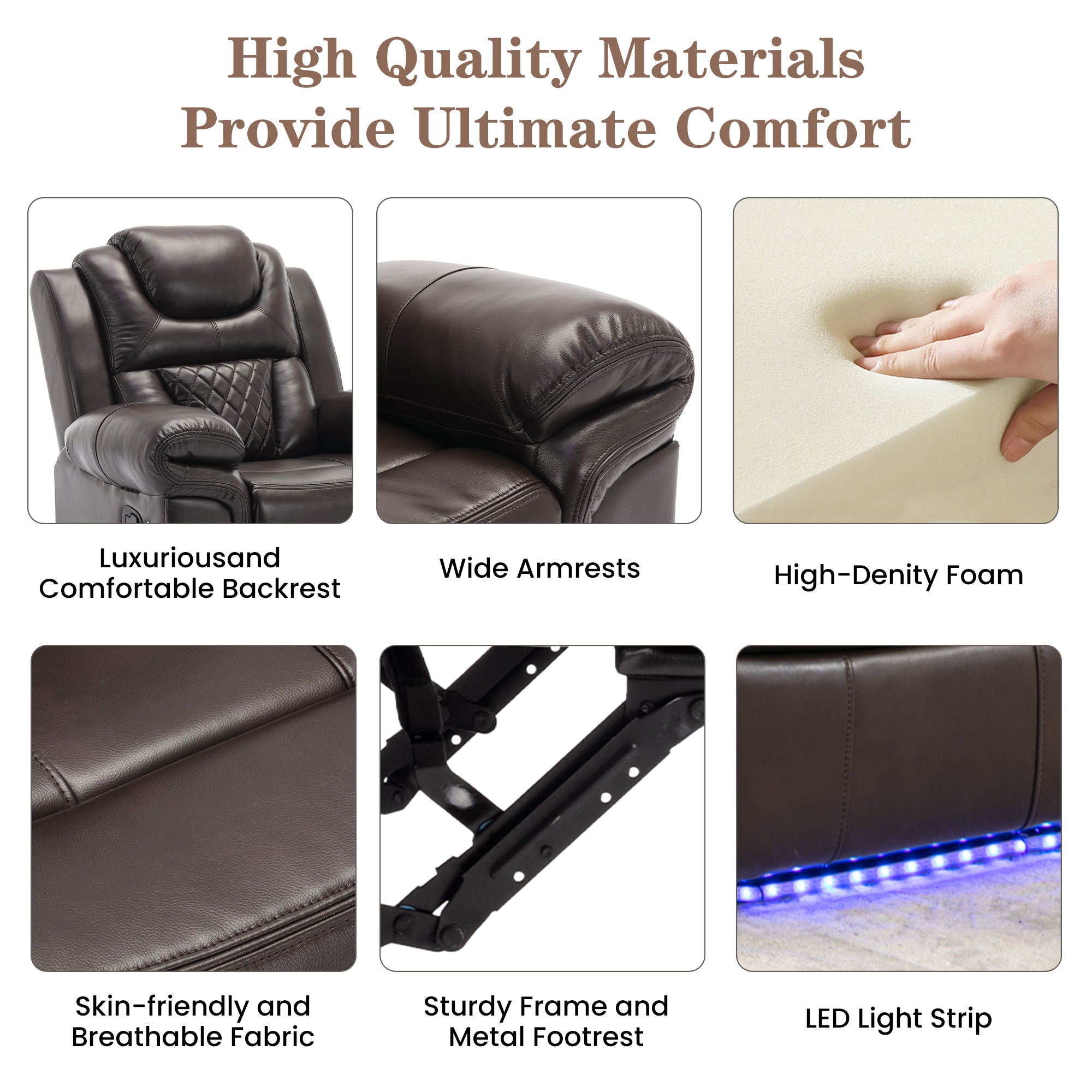 3 Pieces Recliner Sofa Sets Home Theater Seating Manual Recliner Chair With Center Console And LED Light Strip For Living Room