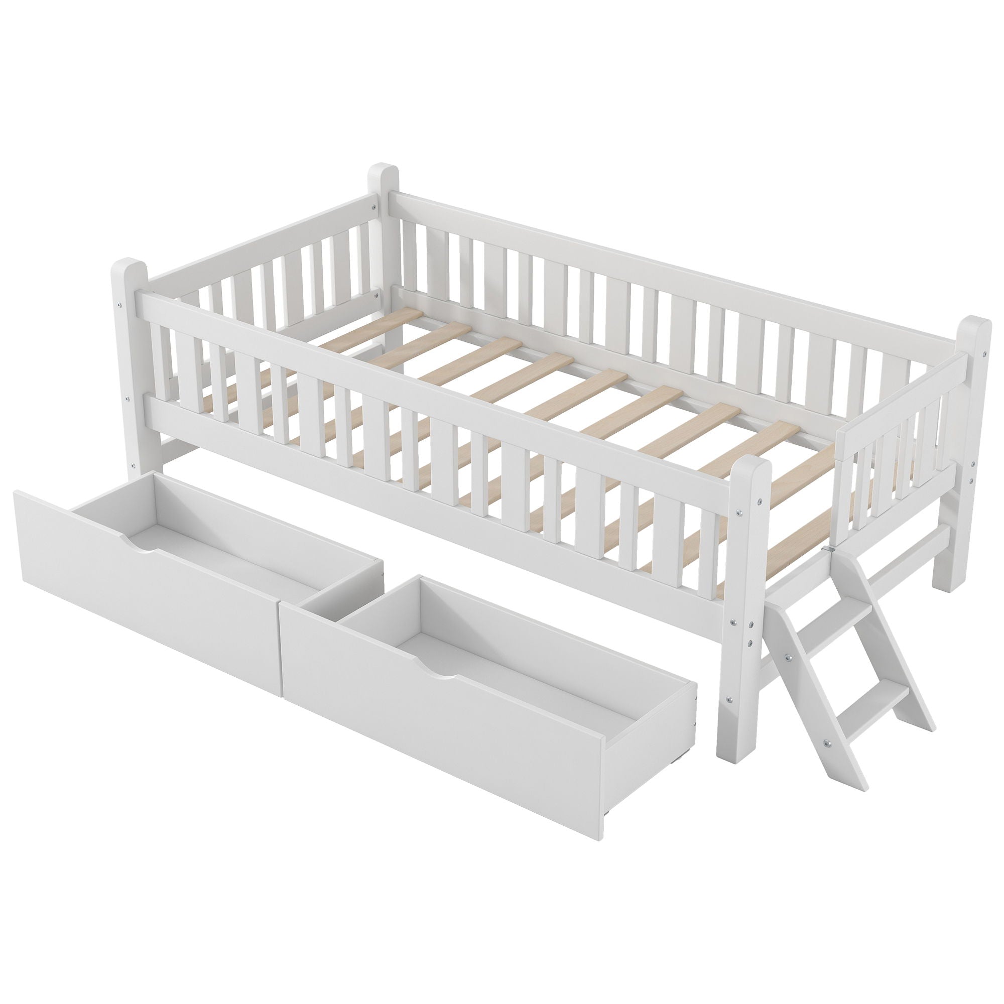 Platform Bed With Guardrail And 2 Drawers