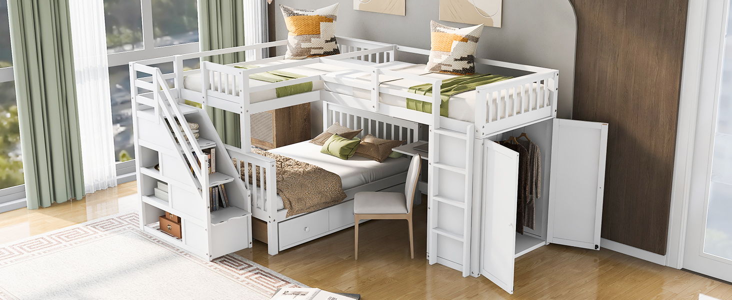 L Shaped Bunk Bed With 3 Drawers, Portable Desk And Wardrobe