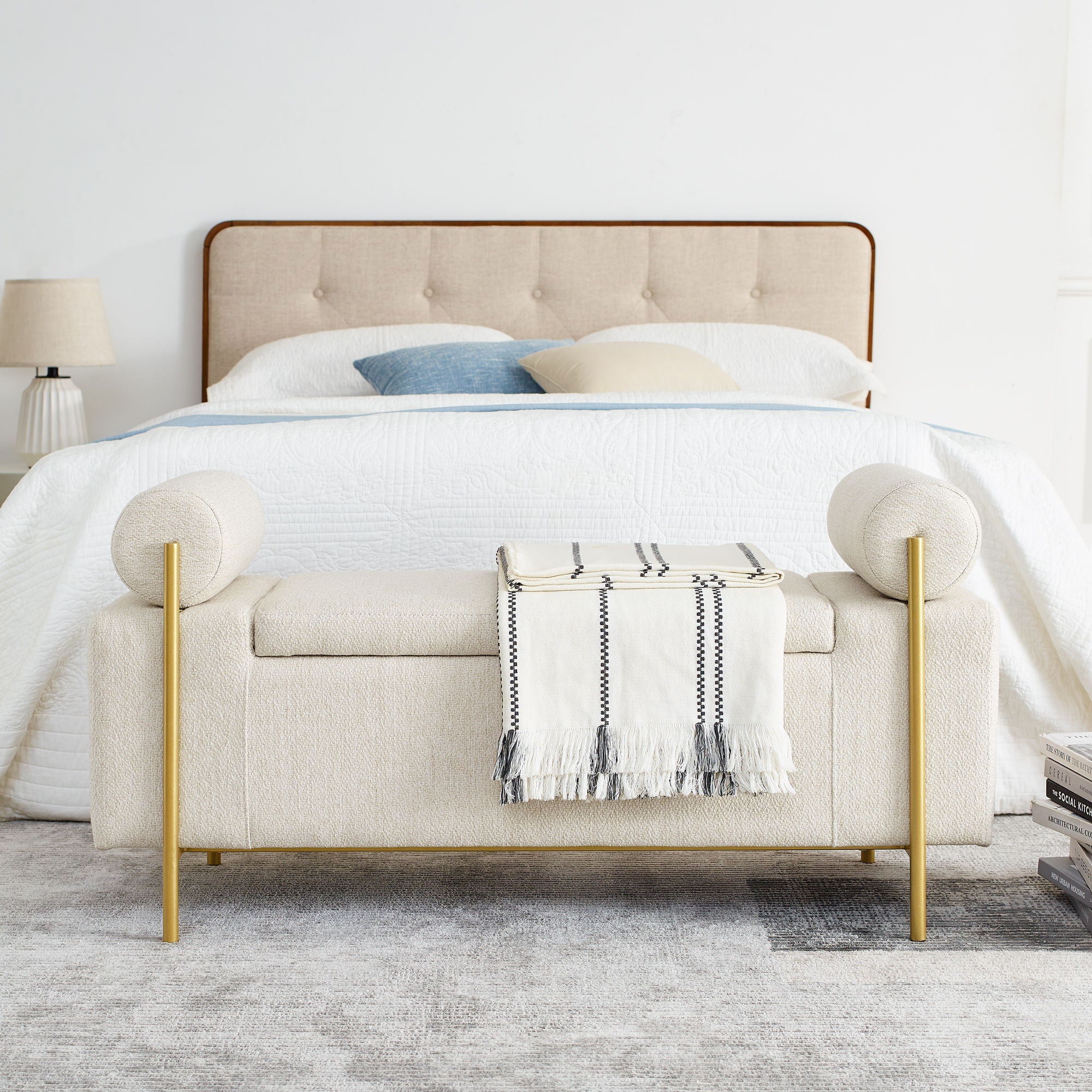 Elegant Upholstered Storage Bench With Cylindrical Arms And Iron Legs,