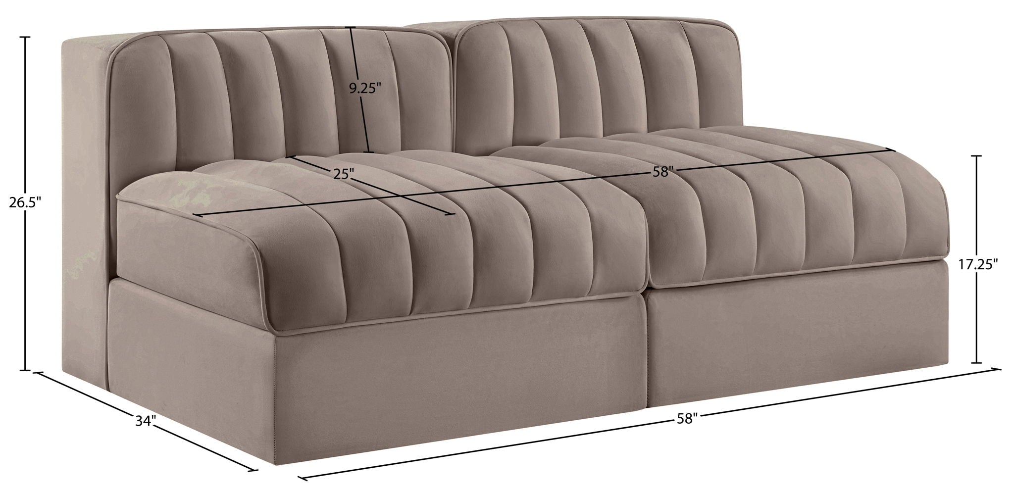 Rummi - Velvet Performance Fabric Upholstered 2 Piece Modular Armless Loveseat