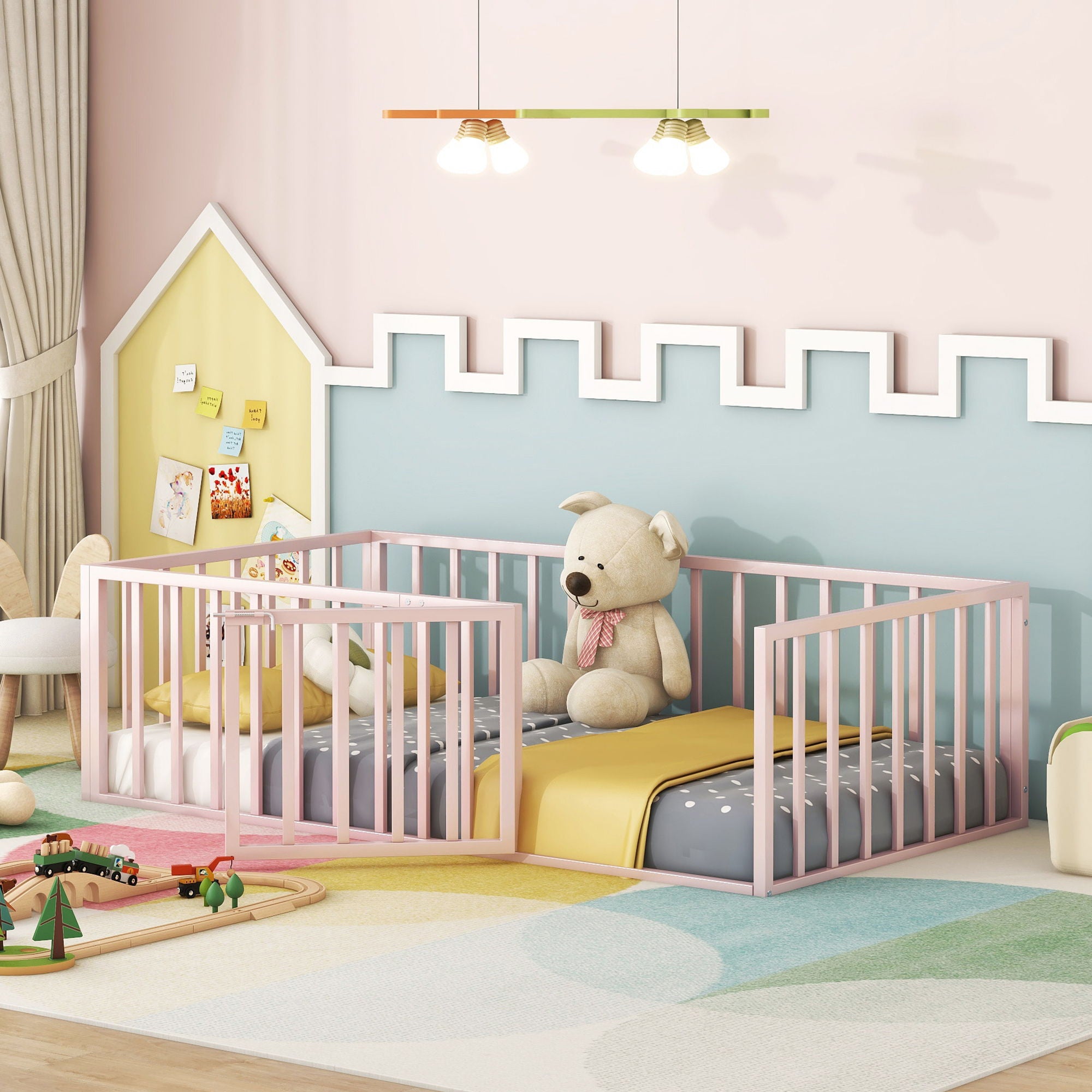 Metal Floor Bed Frame With Fence And Door