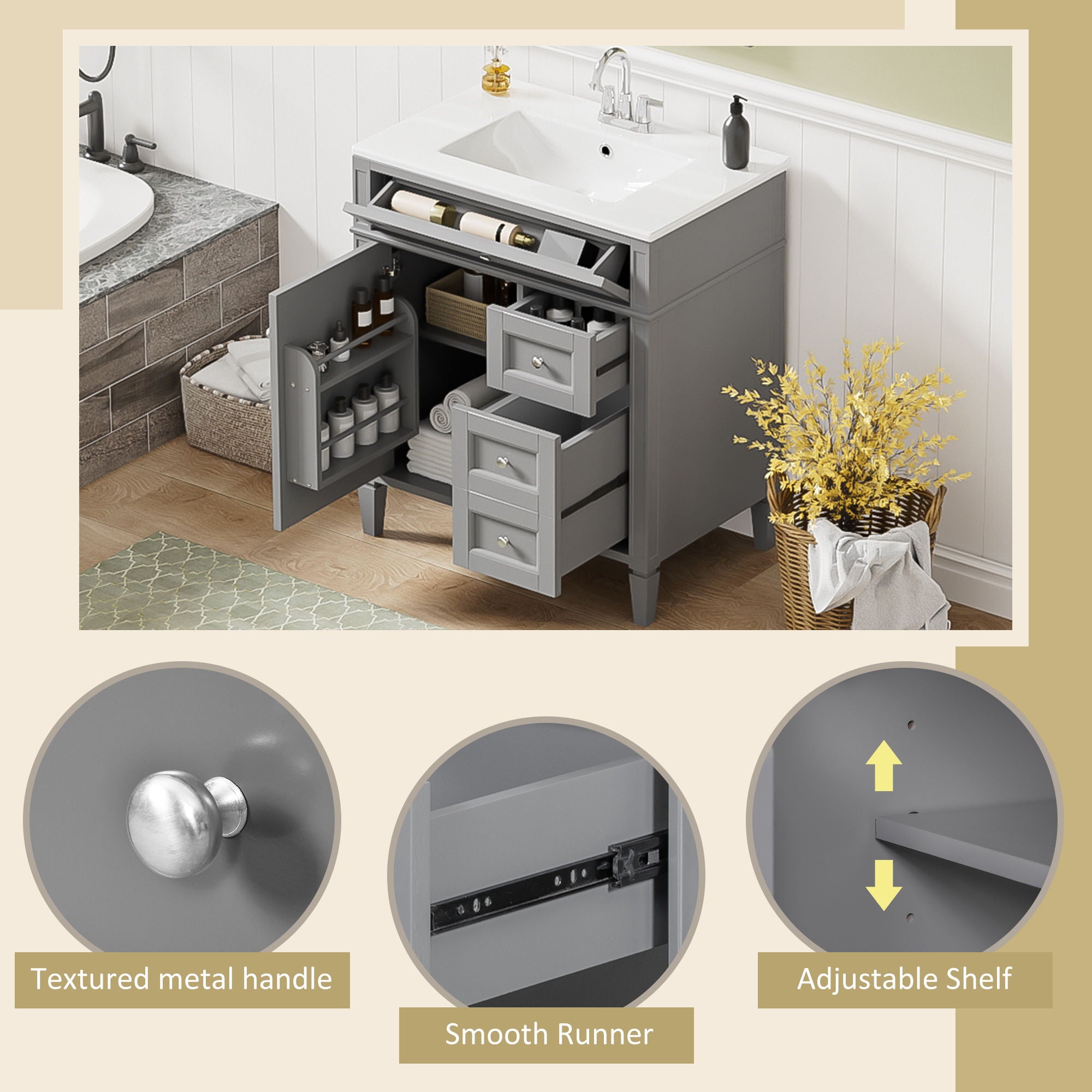 Bathroom Vanity With Top Sink, 2 Drawers & Tip Out Drawer