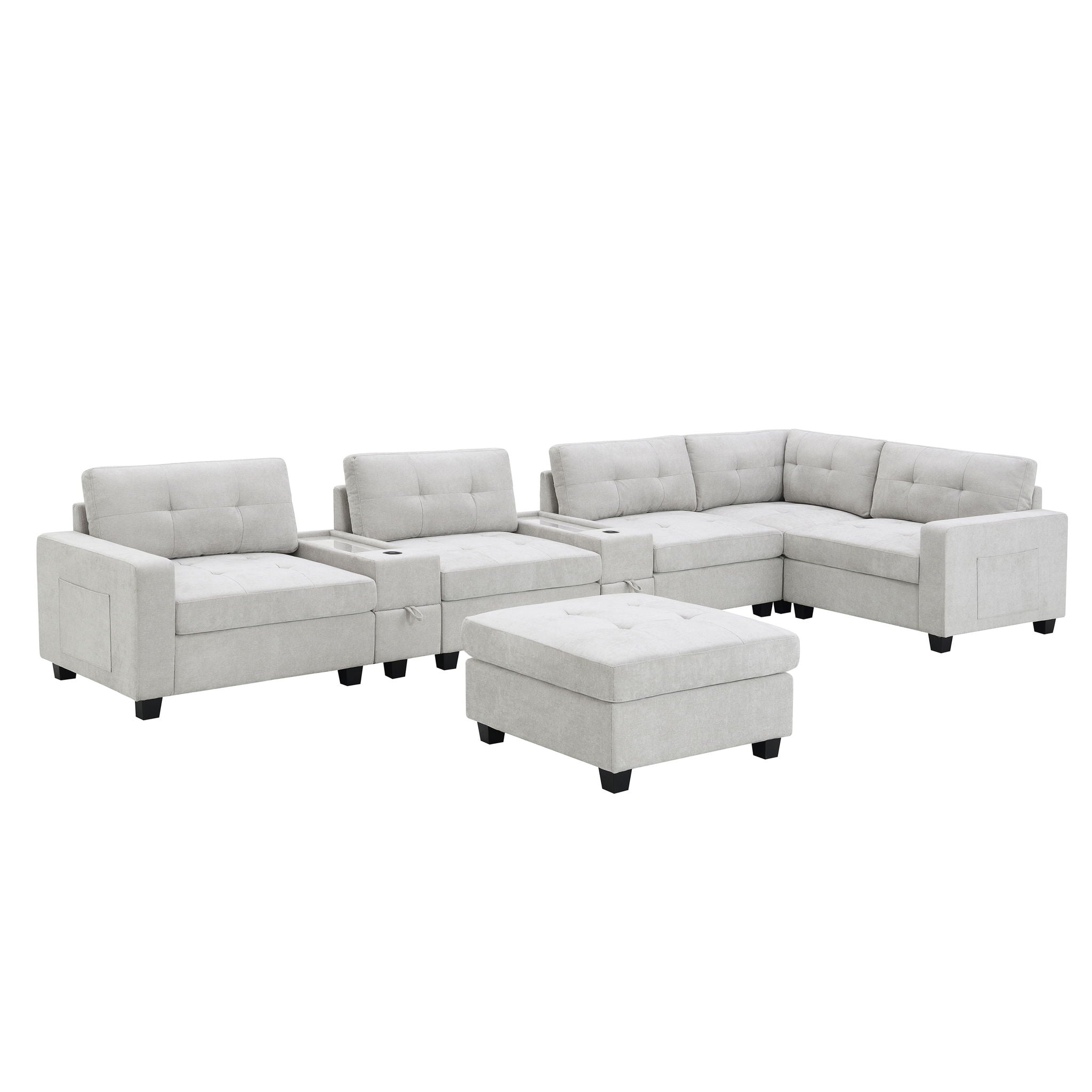 Sectional With Acrylic Table Top U Shaped Couch Set With 2 Consoles USB Charger, Storage Drawers And Pockets Movable Ottoman Tufted Sofa
