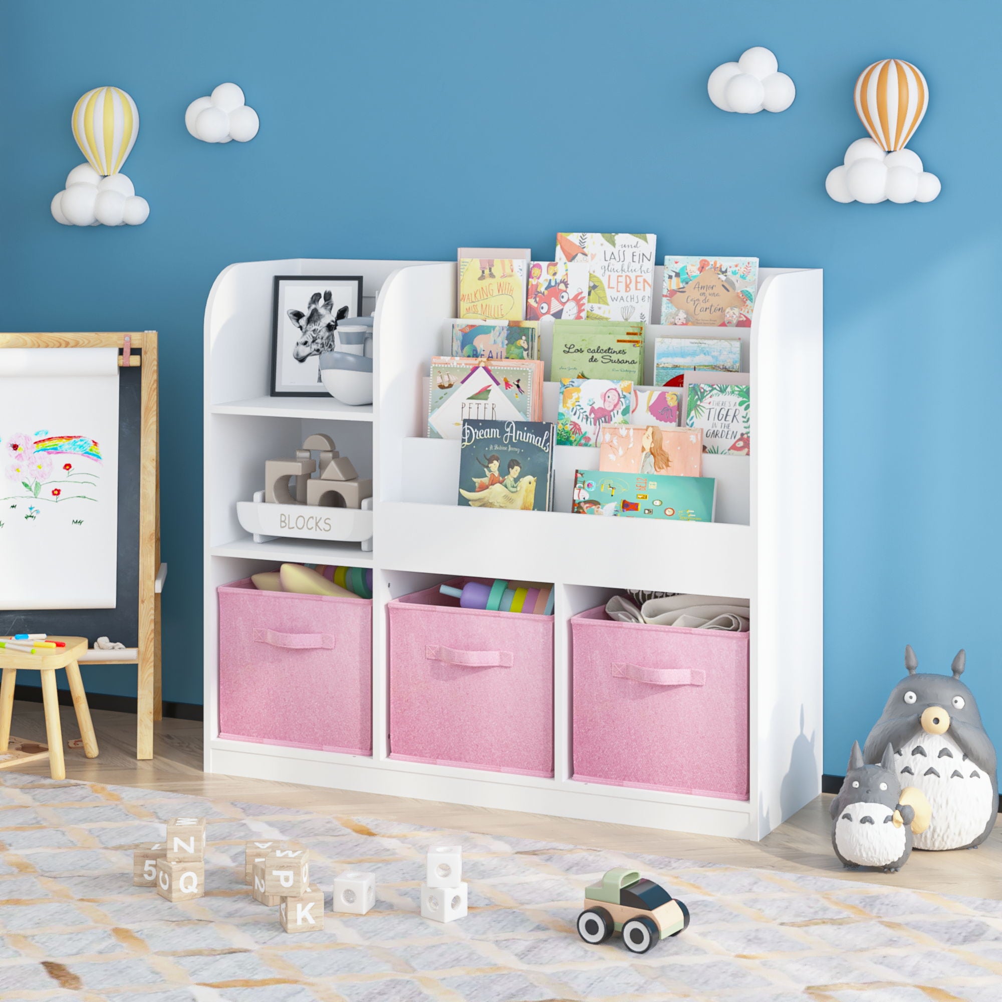Bookcase And Bookshelf With 3 Collapsible Drawers, Multifunctional Display Stand