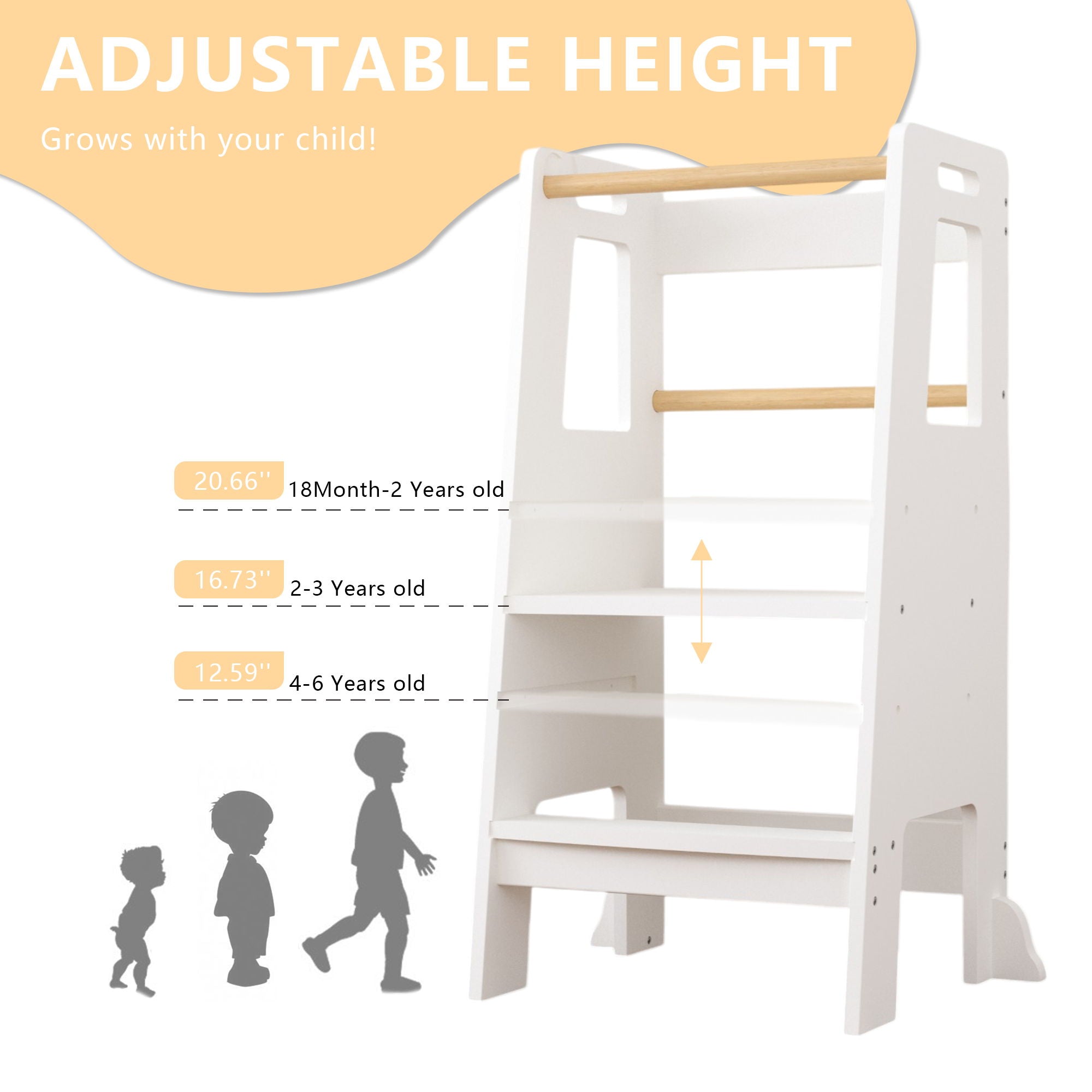 Standing Tower, Child Kitchen Step Stool Toddler, Montessori Stool Adjustable Height - White