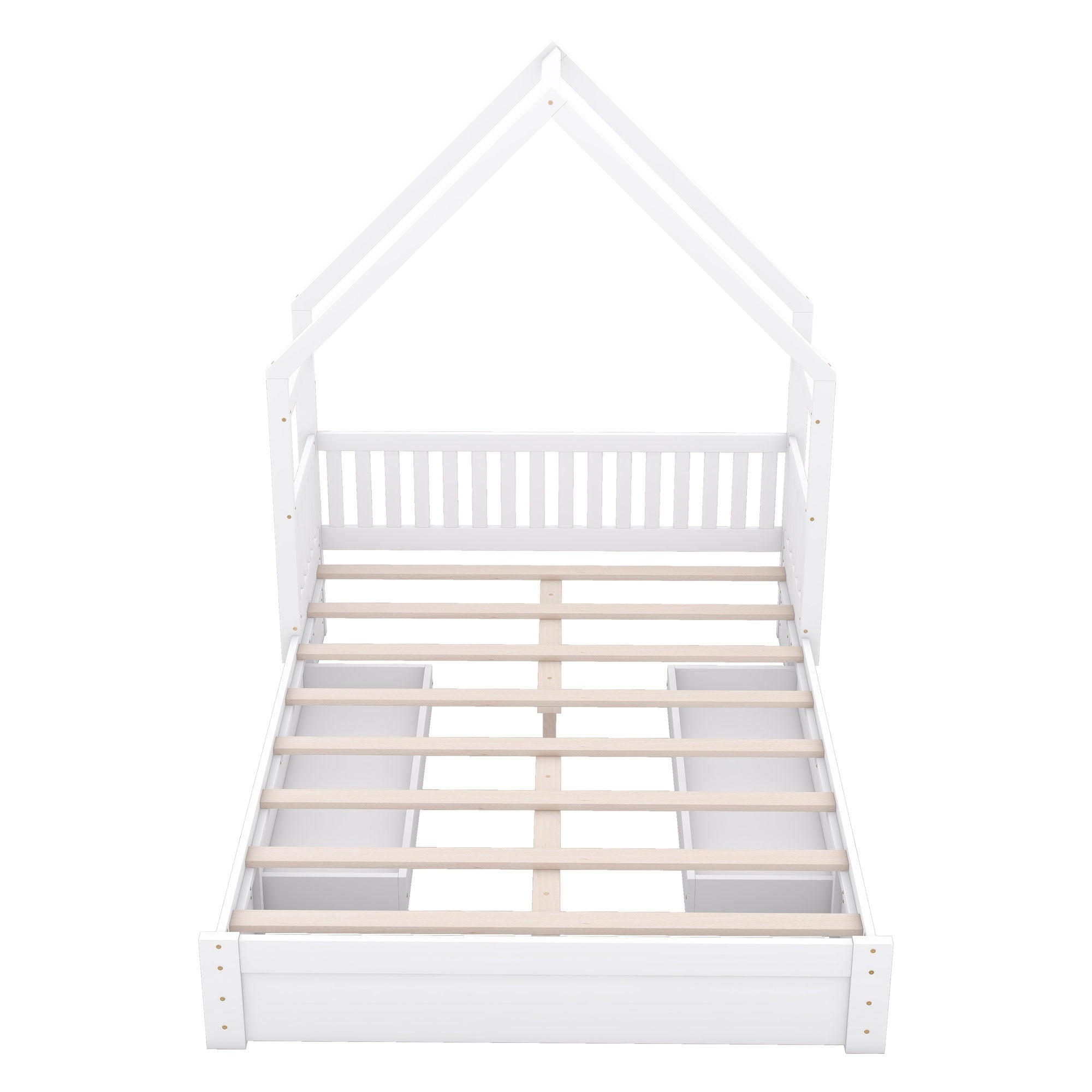 House Style Platform Bed With Guardrail And 2 Drawers