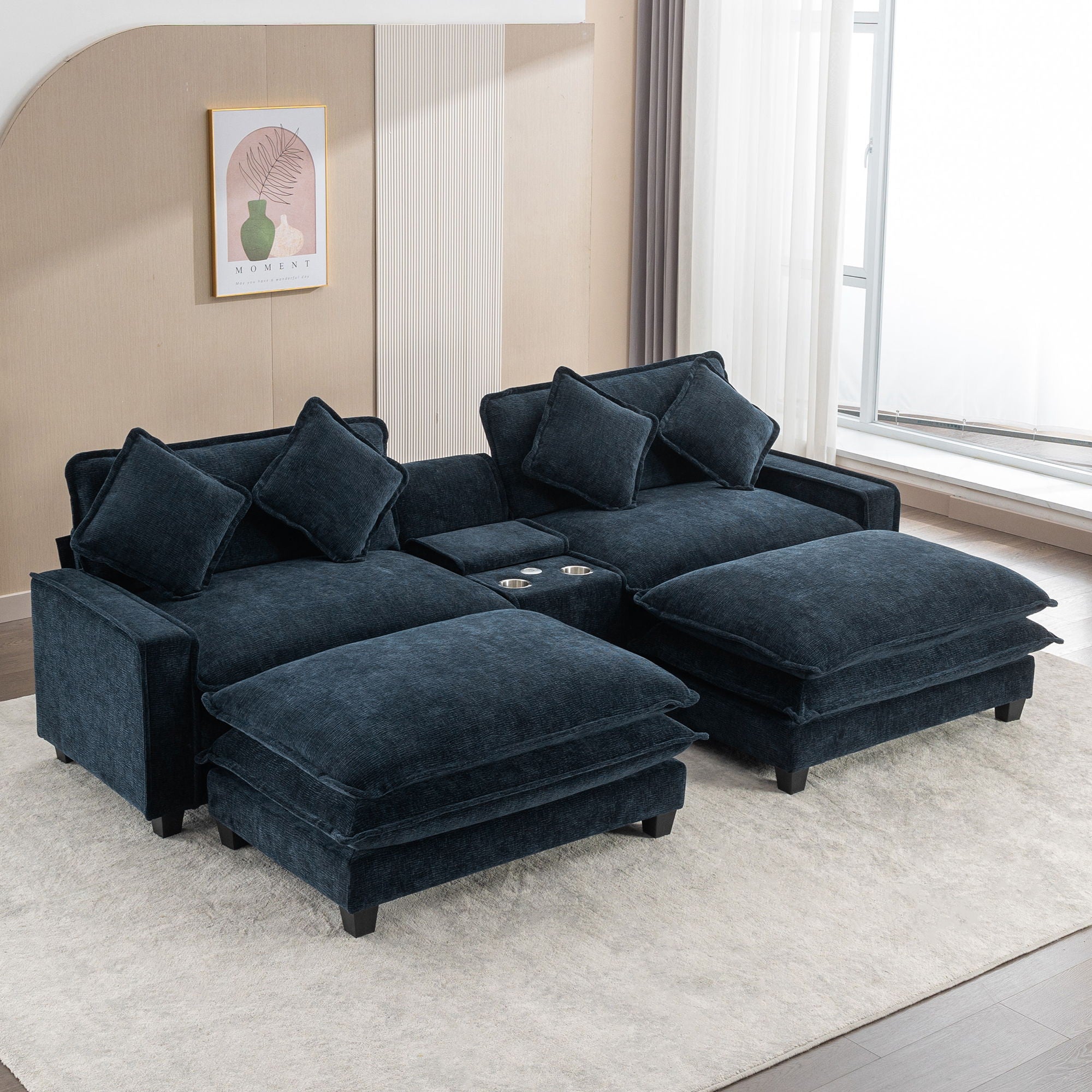 Sectional Sofa Upholstered Sofa With Two Removable Ottoman, Two USB Ports, Two Cup Holders And Large Storage Box For Living Room