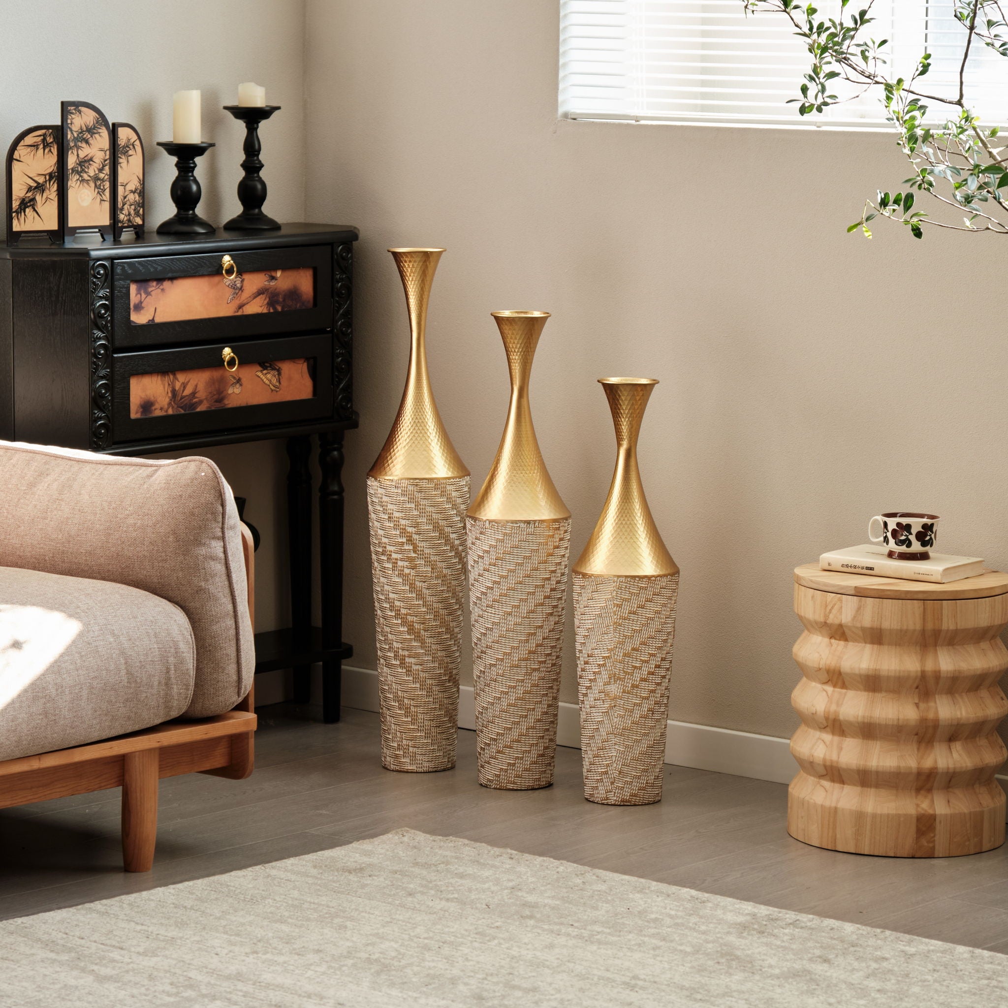 Floor Metal Vase Modern Style Decoration Home Woven Pattern Metal Vase 3 Piece Set Gorgeous Home Decoration Large Glazed Metal Vase - Champagne