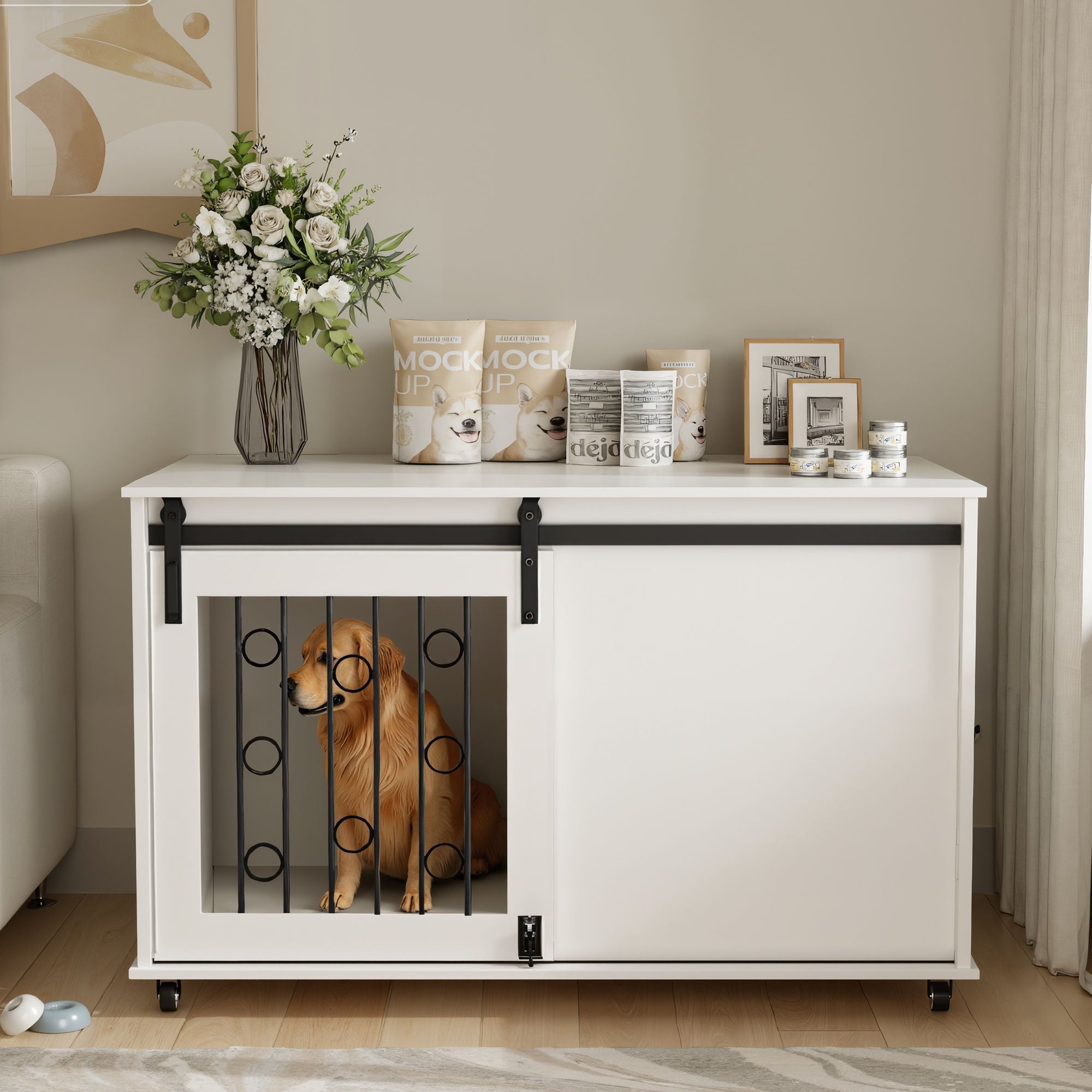 Dog Crate With Sliding Barn Door And Side Access, Lockable Wheels For Small To Medium Dogs - White