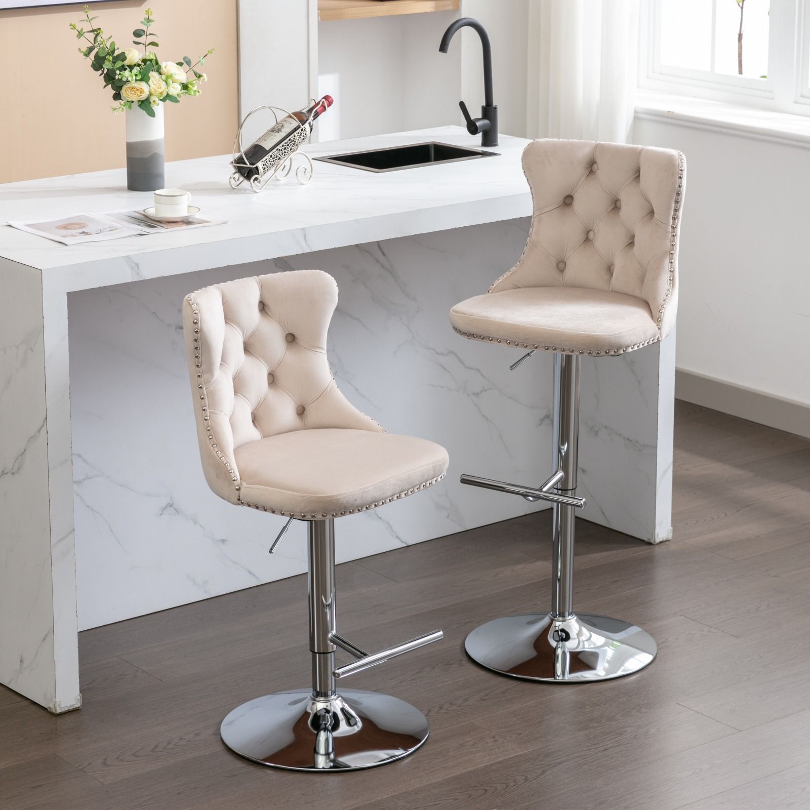 Swivel Barstools Adjusatble Seat Height From 25-33", Modern Upholstered Base Bar Stools With Backs Comfortable Tufted For Home Pub And Kitchen Island (Set of 2)