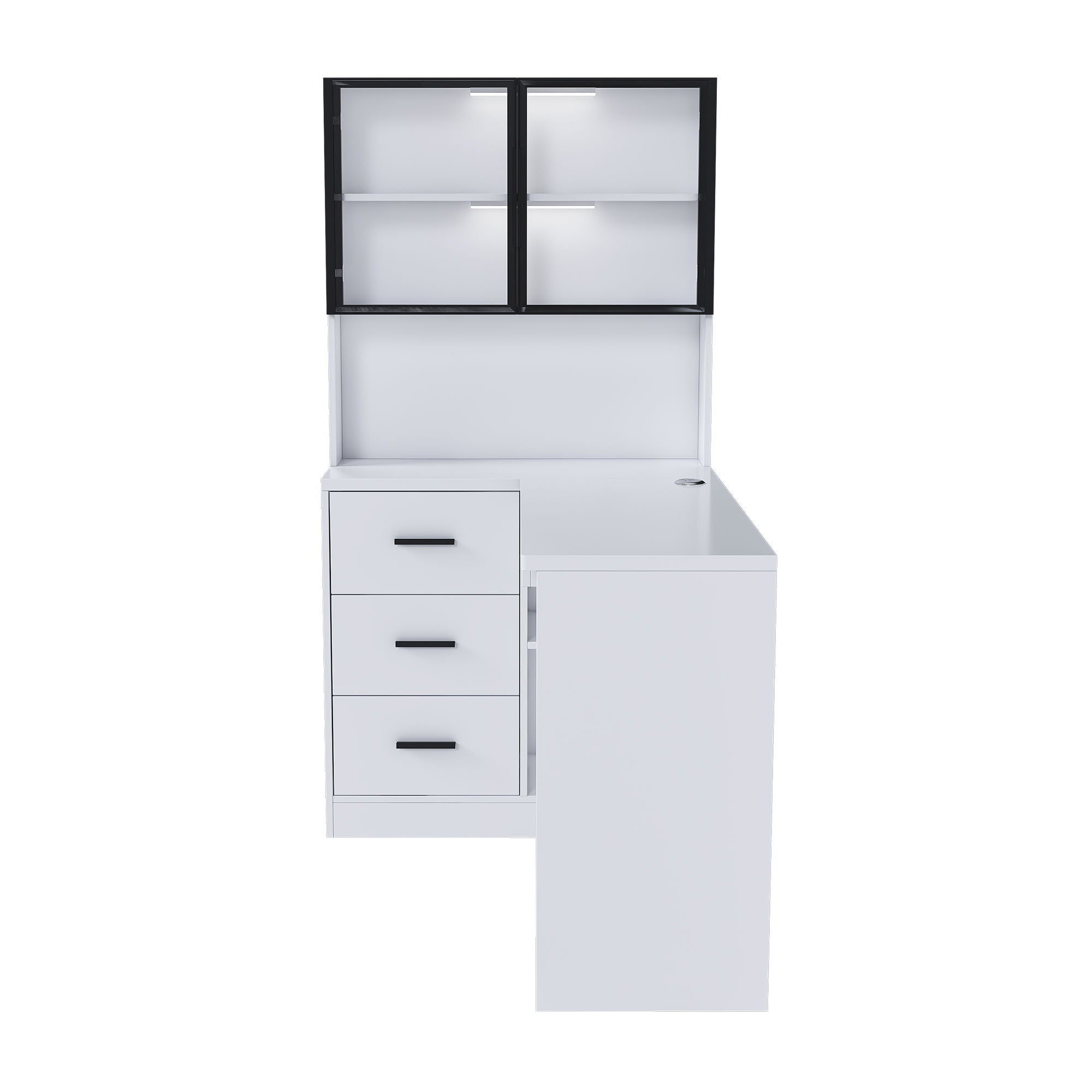 L-Shaped Computer Desk With Glass Cabinets, Built In LED Lights, USB Charging Ports
