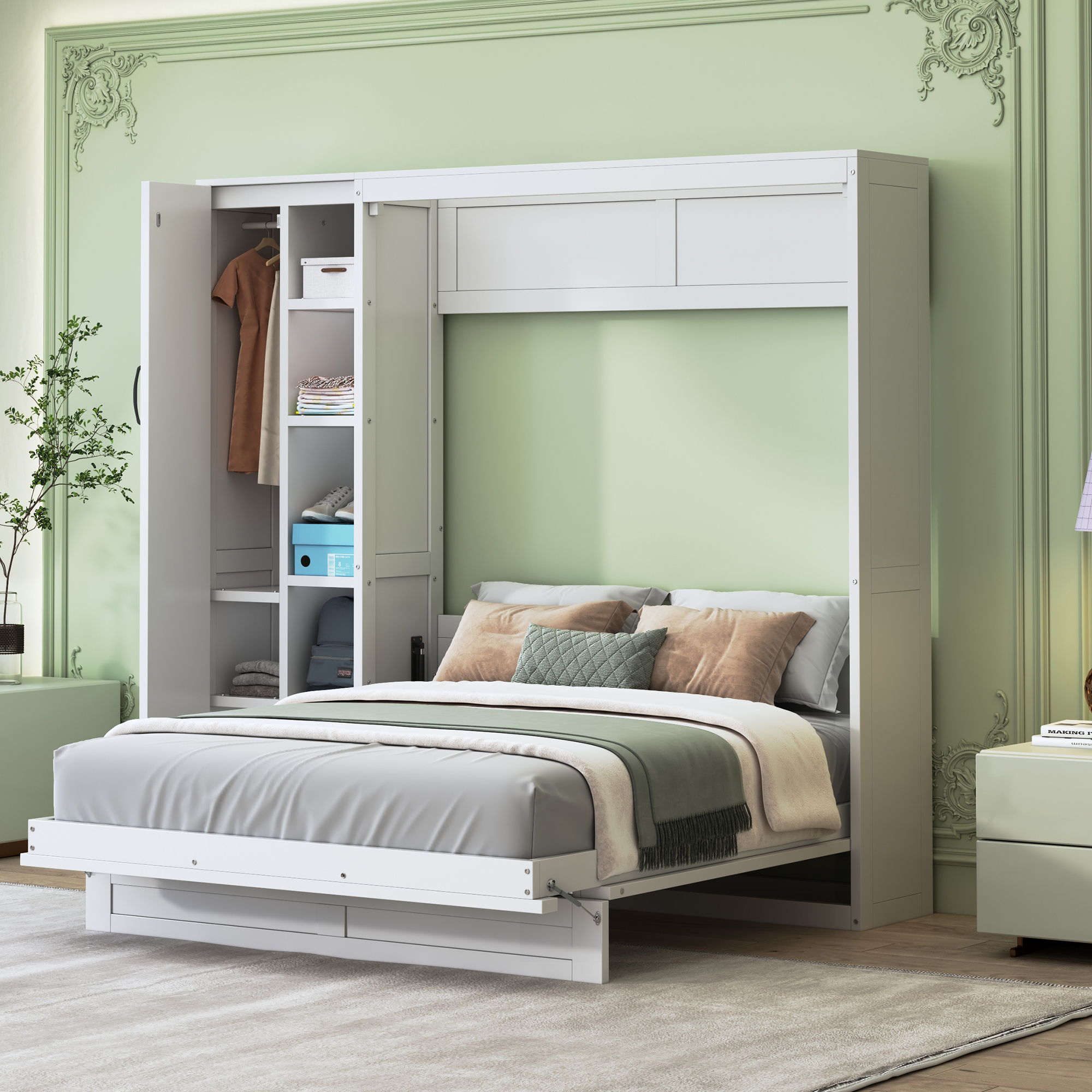Murphy Wall Bed With Shelves, Wardrobe And LED Lights