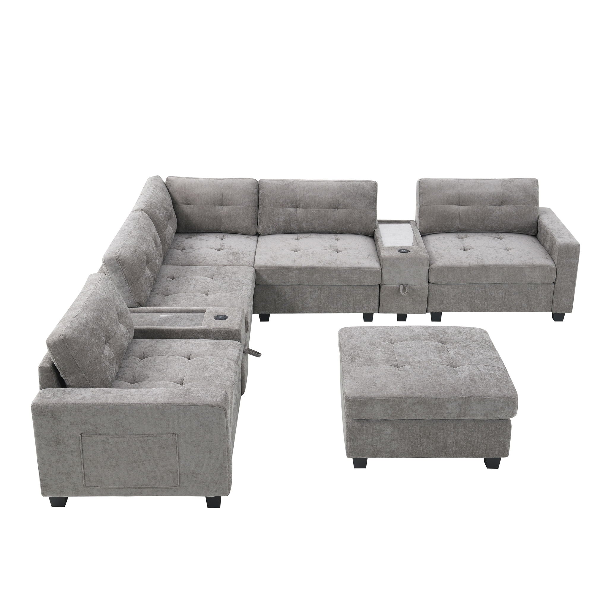 Sectional With Acrylic Table Top U Shaped Couch Set With 2 Consoles USB Charger, Storage Drawers And Pockets Movable Ottoman Tufted Sofa