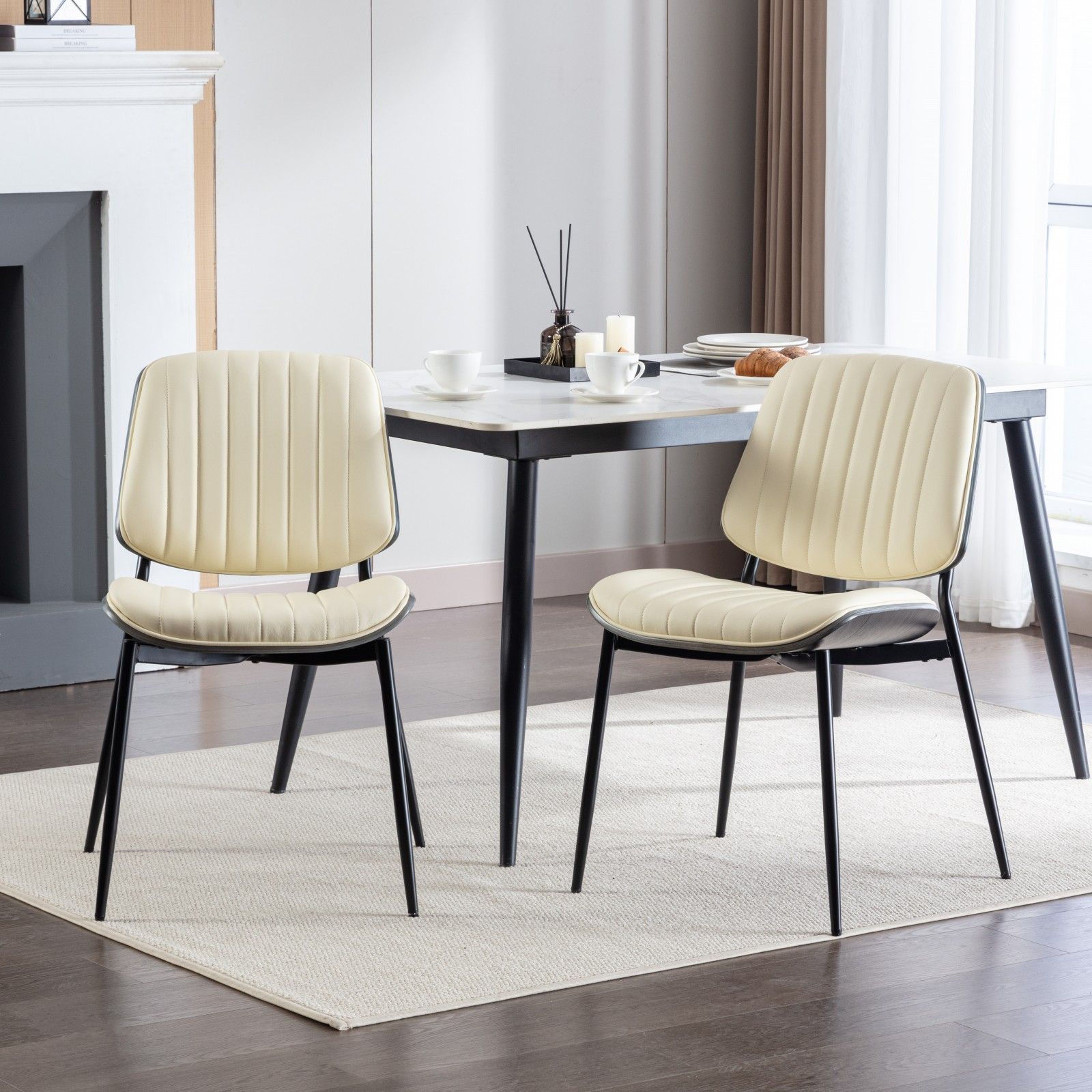 Dining Chairs (Set of 2) Mid-Century Modern Retro Chair With Walnut Bentwood Back Upholstered Seat Metal Legs Adjustable Foot For Kitchen Dining Room Chairs