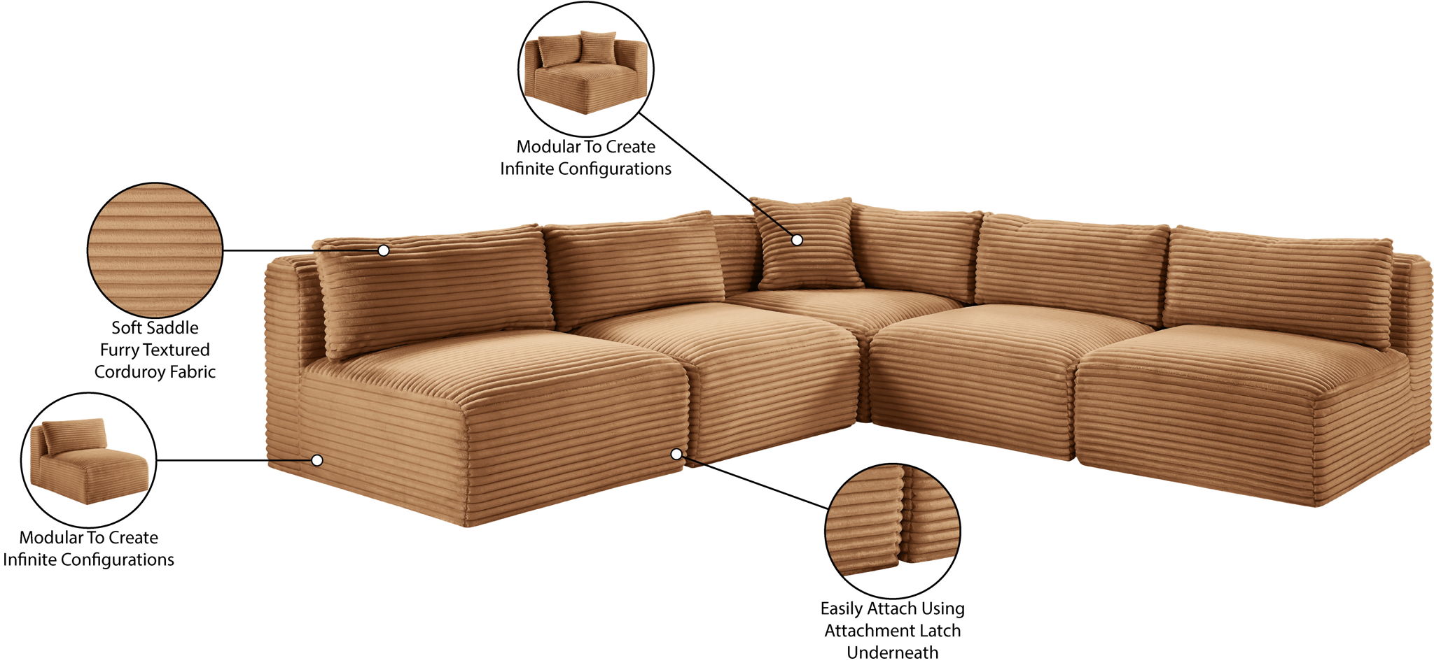 Shaggy - Fabric 5 Piece Modular Corner Armless Sectional