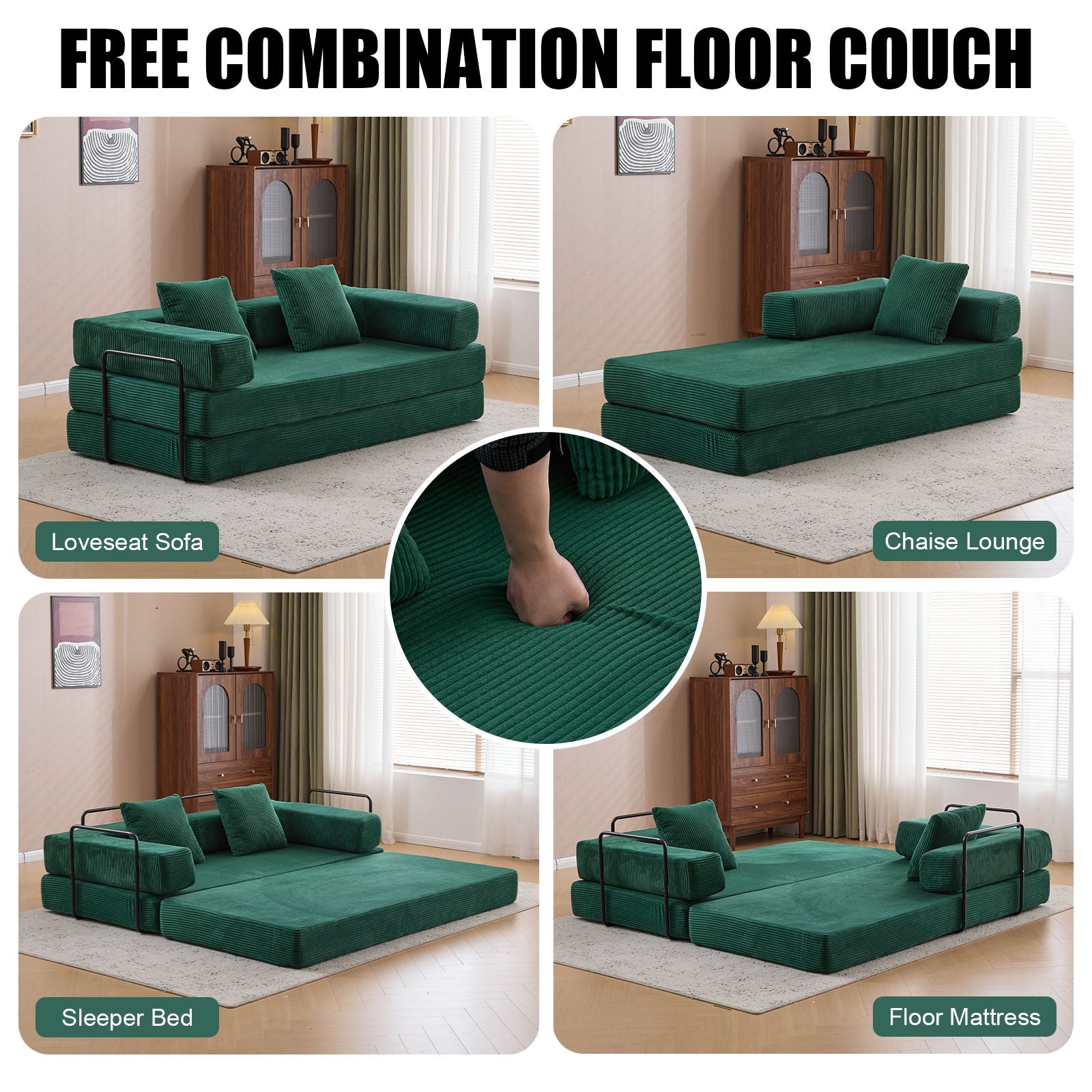 Floor Couch, Convertible Floor Sofa Bed With Pillow Back Support Armrest