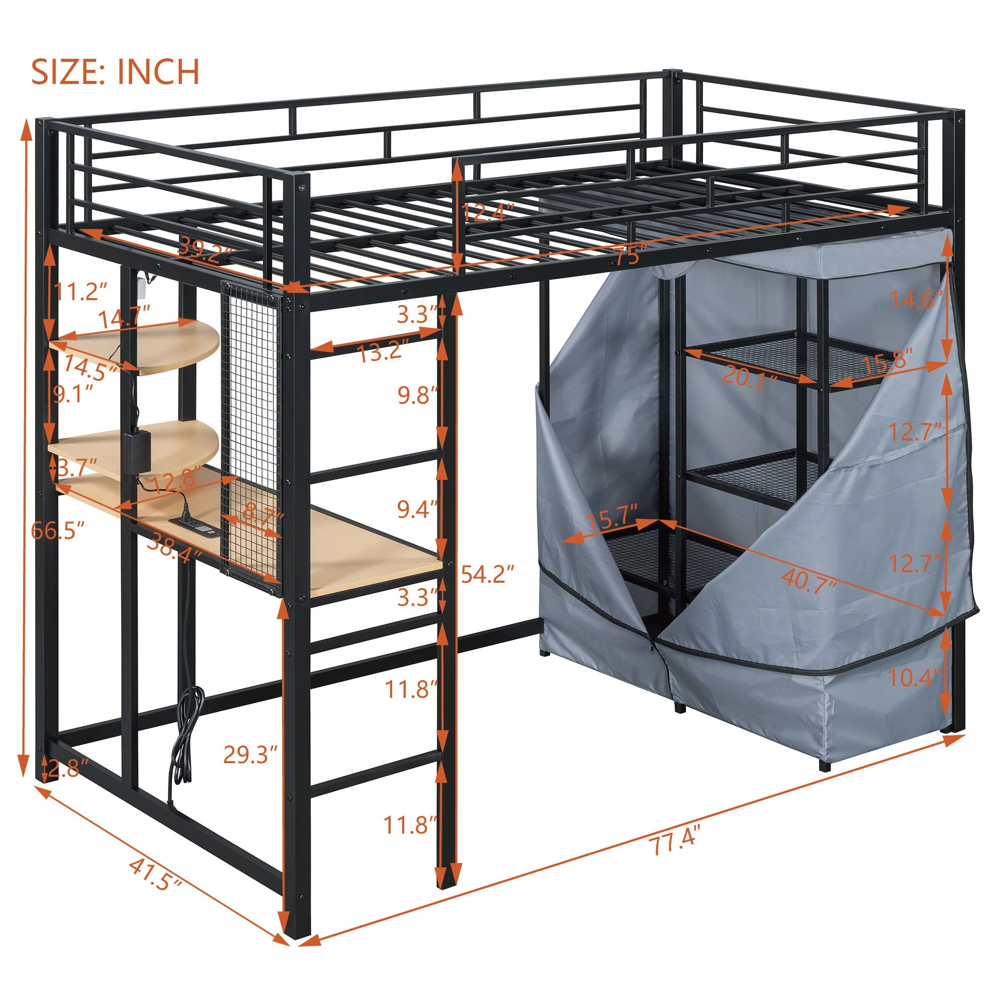 Loft Bed With Desk, Shelves, Power Outlet, LED Light And Wardrobe