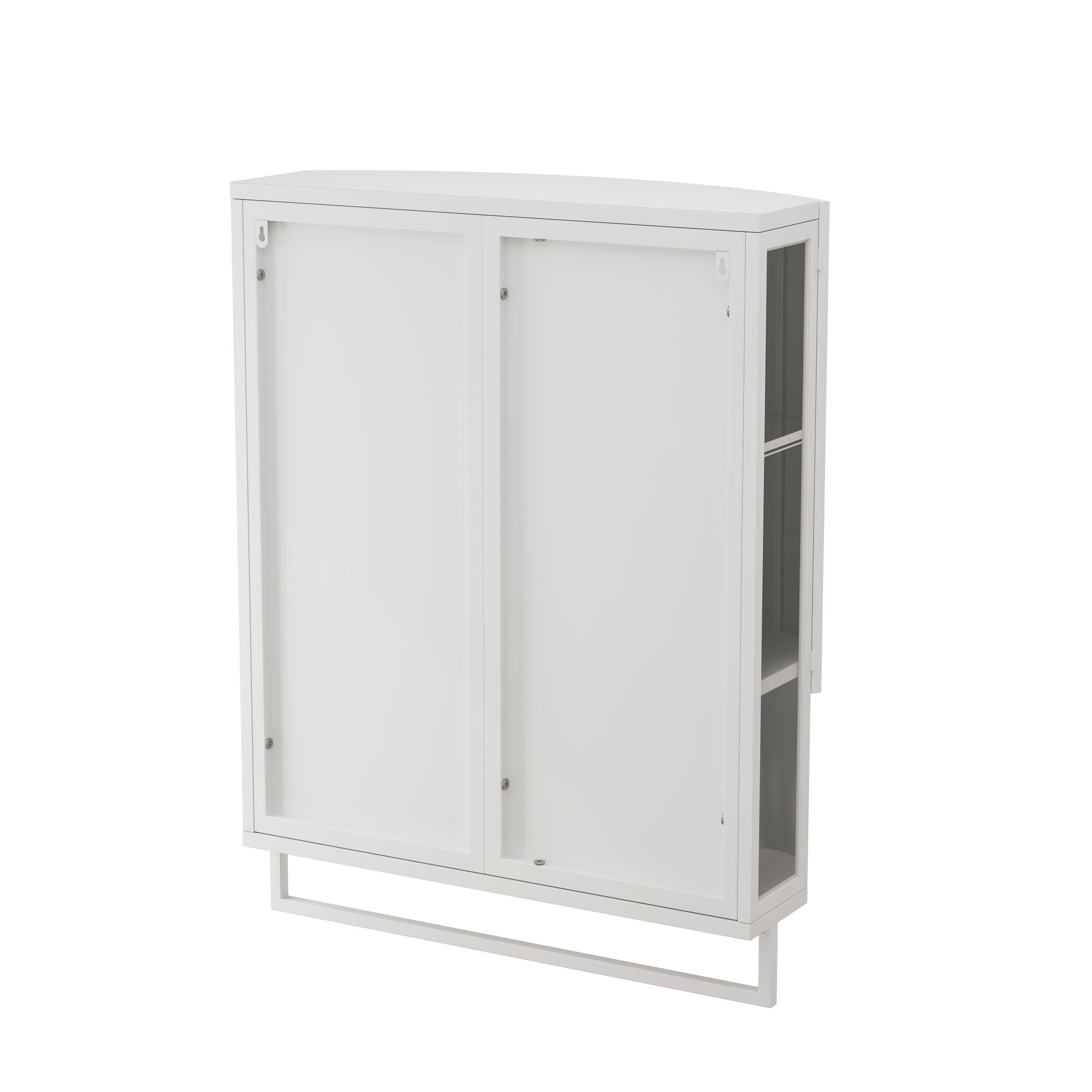 Arched Glass Double Door Wardrobe With Shatterproof Mirror, Open Shelf & Towel Rack