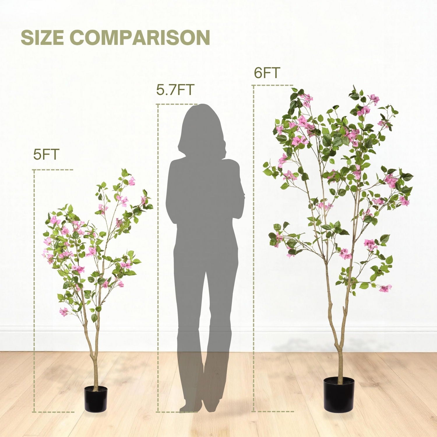 Artificial Bougainvillea Tree With Pot, Realistic Faux Flowering Plant Leaves And Blooms, Decor For Home Office - Green Leaves / Pink