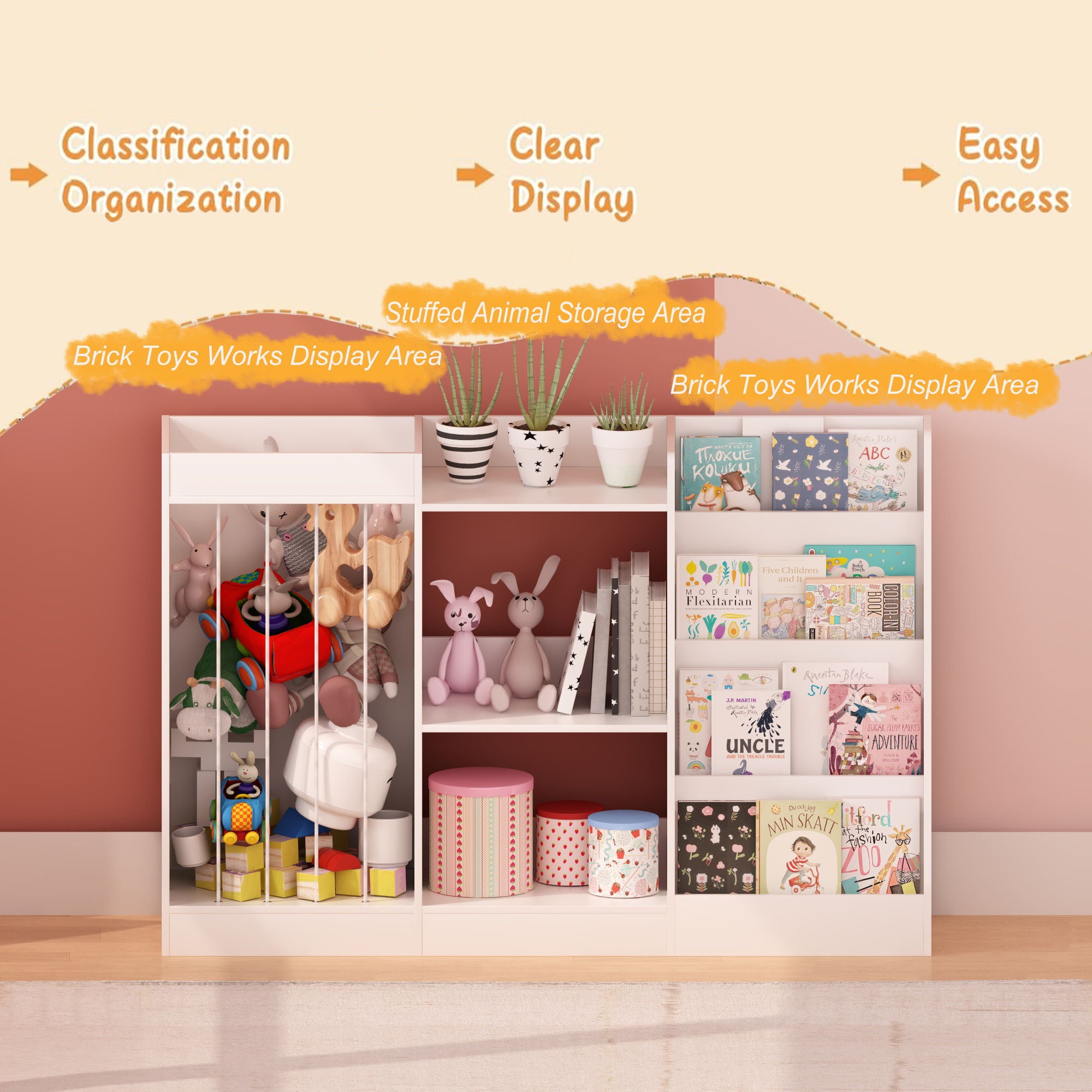 Bookshelf And Toy Storage, 3 Tier Montessori Bookcase With Stuffed Animal Organizer - White