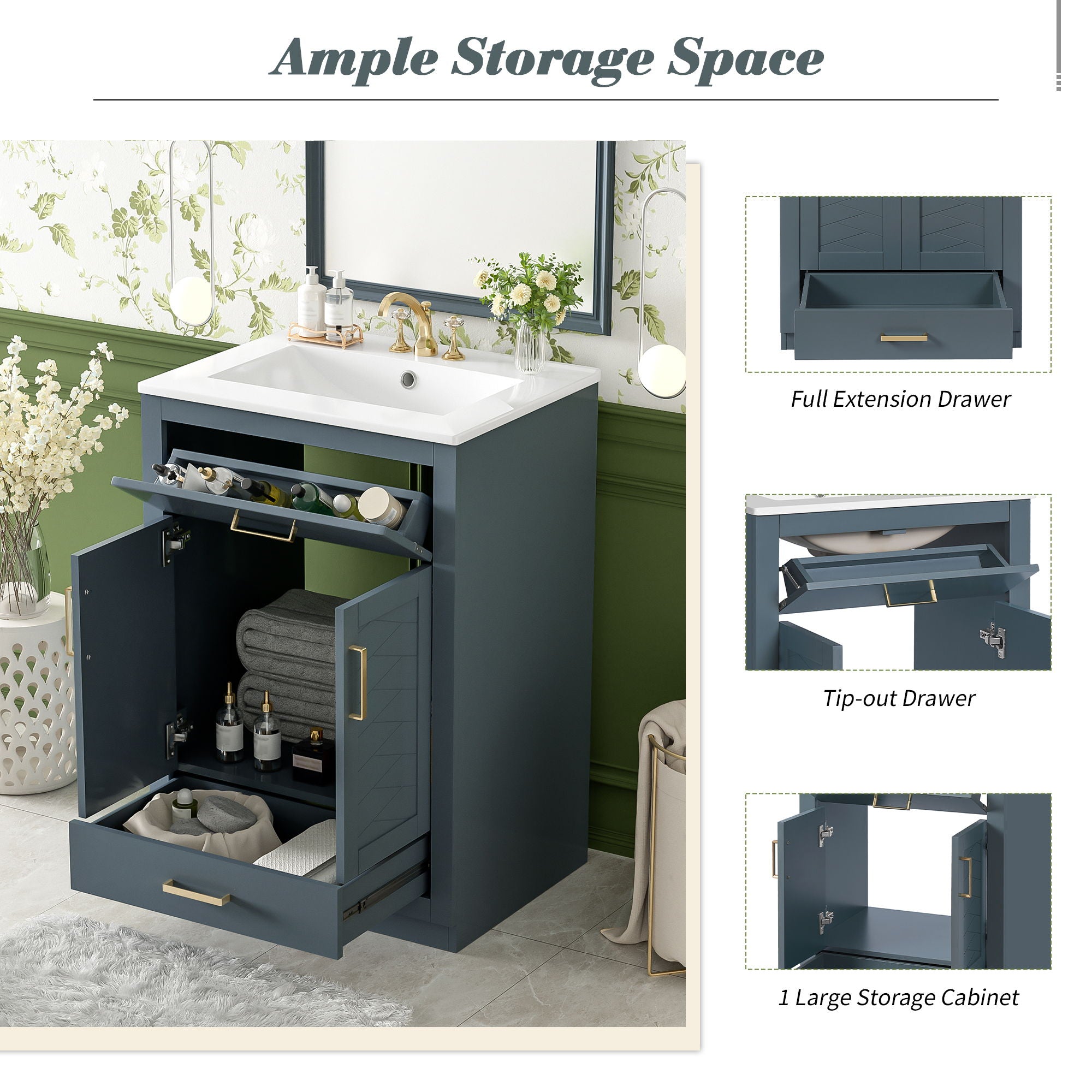 Modern Bathroom Vanity With Integrated Ceramic Sink, 2 Door Cabinet With Tip-Out Drawer
