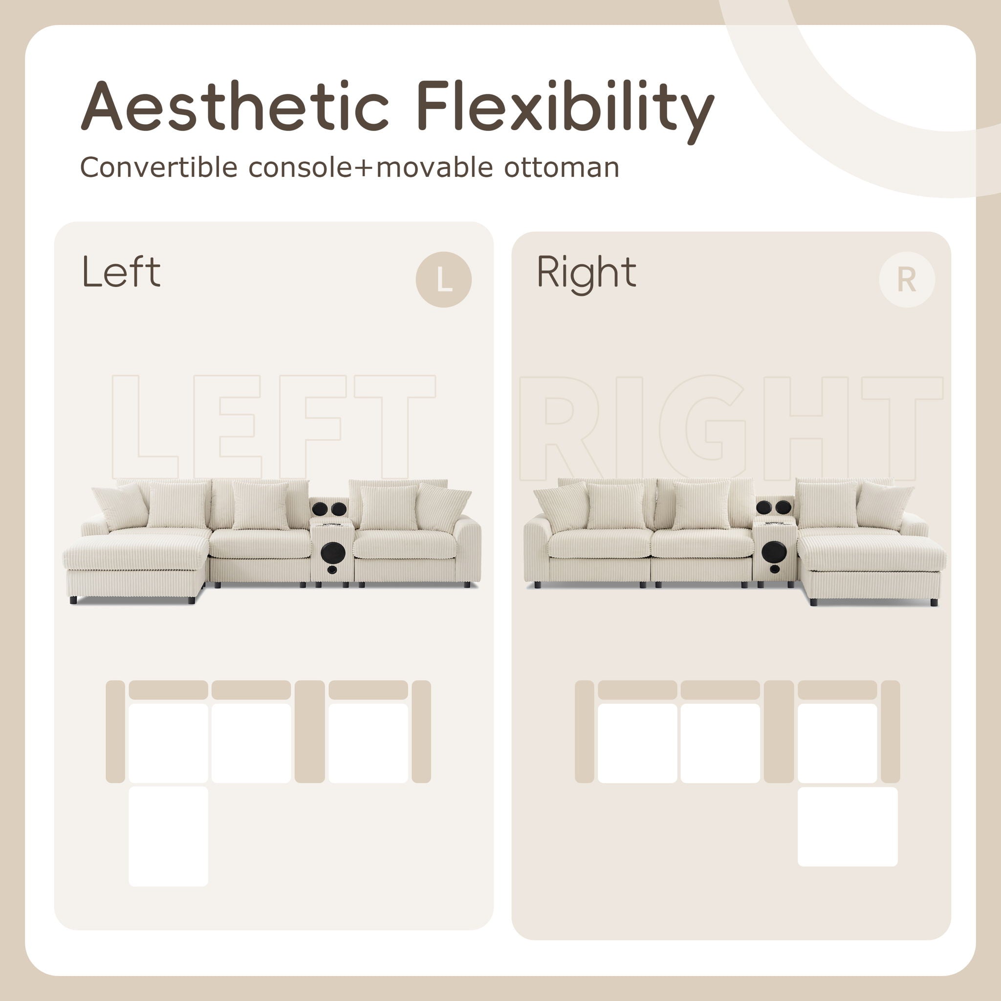 Sectional With tooth Speakers L Shaped Couch With Console USB Charger, Cup Holders Storage Ottoman Deep And Wide Seat Cloud Sofa