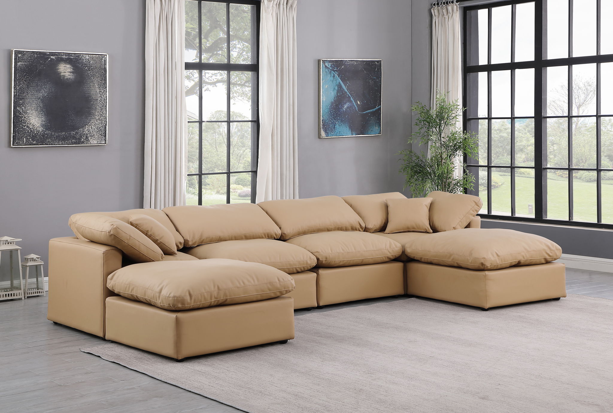 Indulge - Faux Leather 6 Piece Modular Double Chaise Sectional - Tan