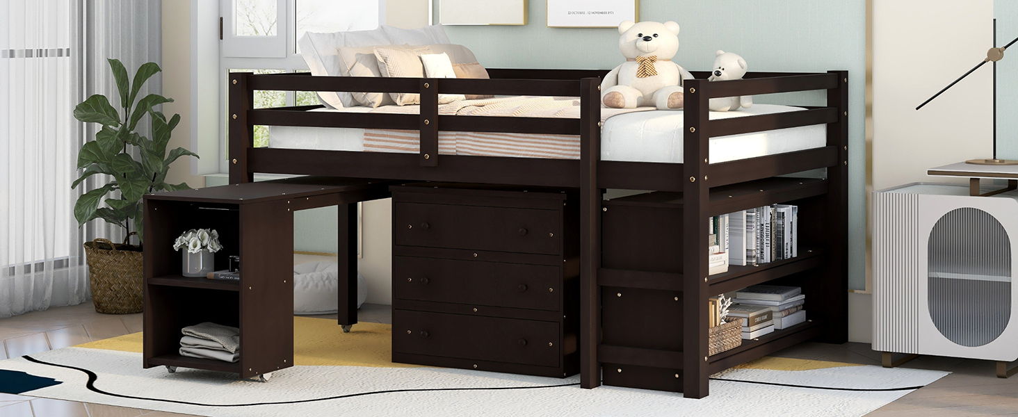 Loft Low Study Bed With Cabinet, Shelves And Rolling Portable Desk, Multiple Functions