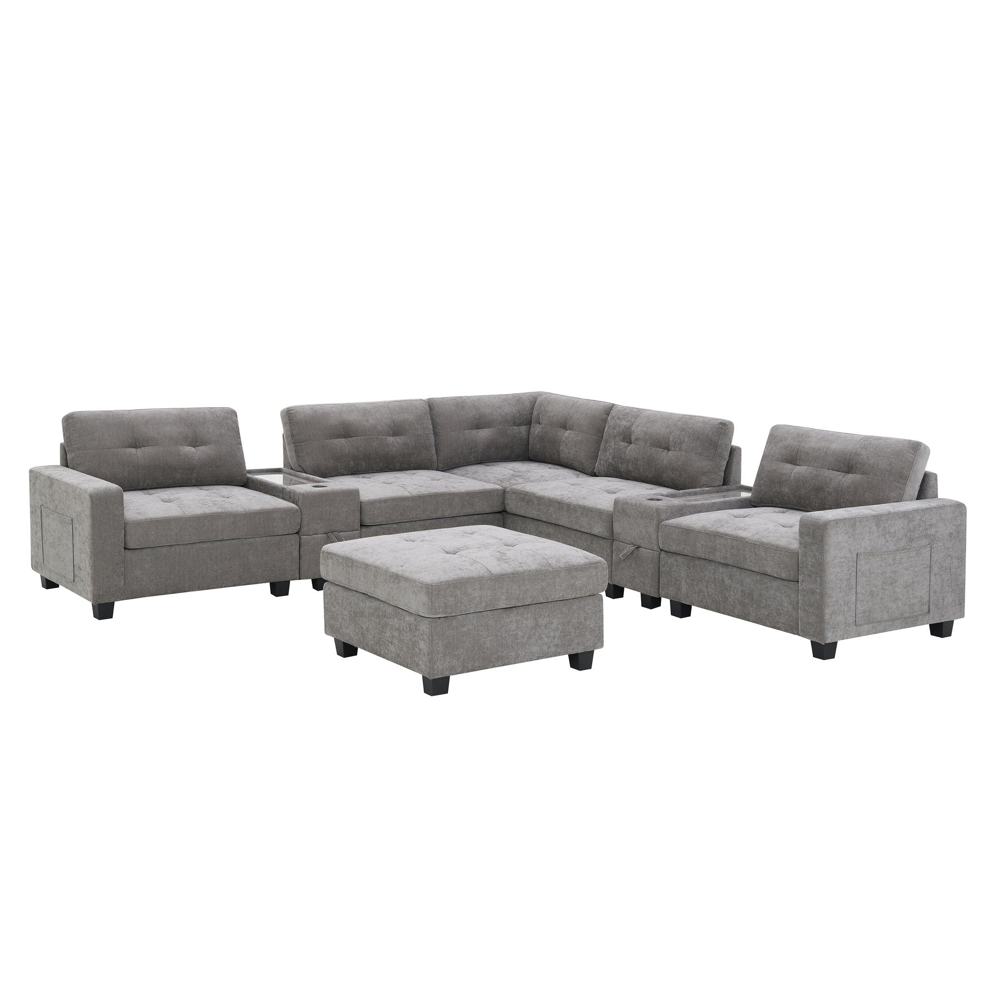 Sectional With Acrylic Table Top U Shaped Couch Set With 2 Consoles USB Charger, Storage Drawers And Pockets Movable Ottoman Tufted Sofa