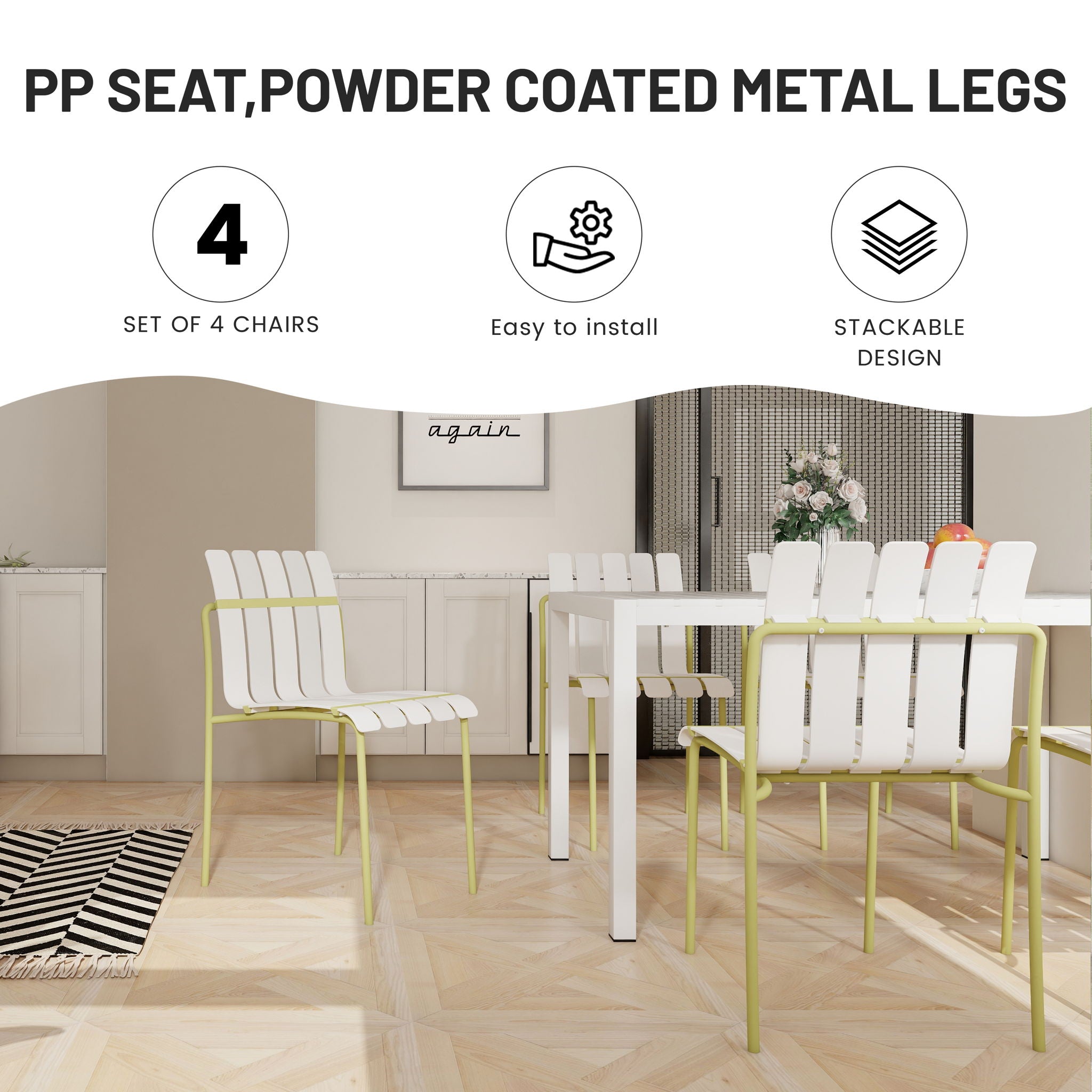 4 Piece Set Of Modern Color Block Designed Single Chairs With Long Table
