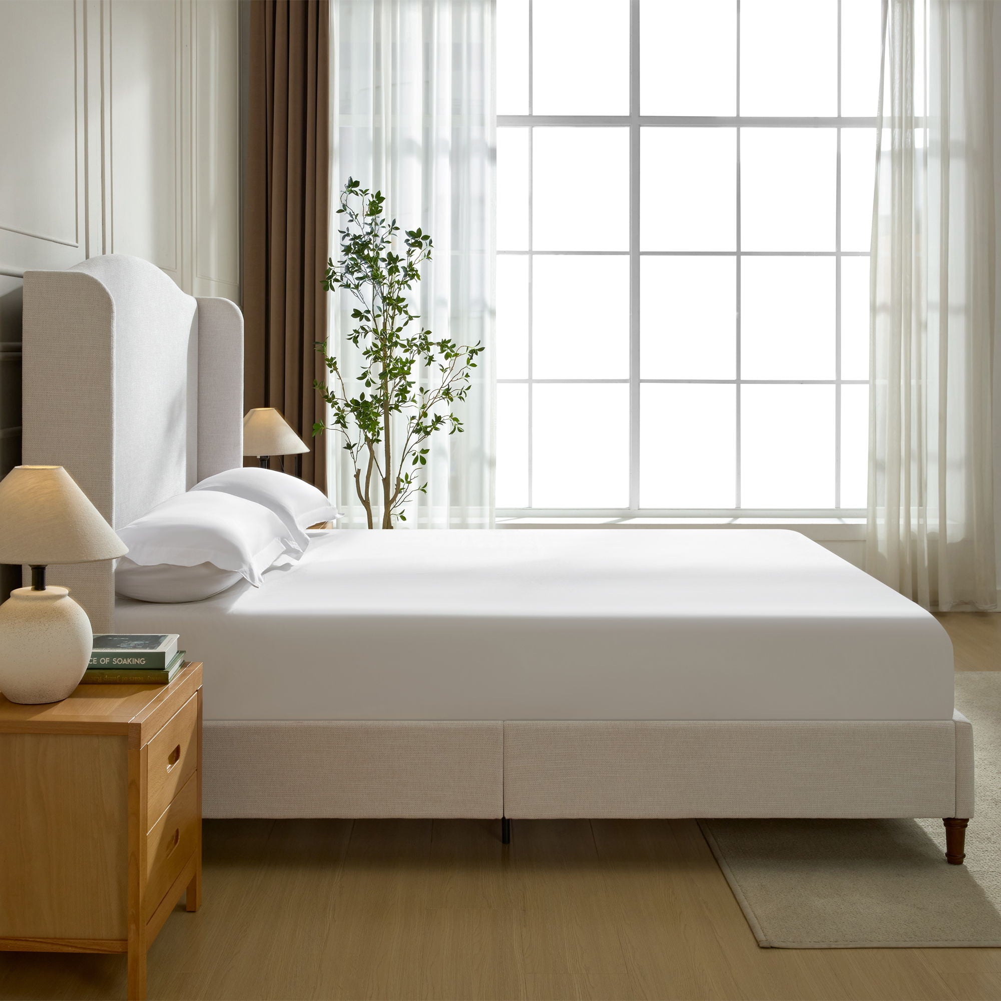 Hannah - Upholstered Wingback Bed Size / Tall Headboard Upholstered King Bed / Premium Textured Look / Minimalist Designs / No Box Spring Needed