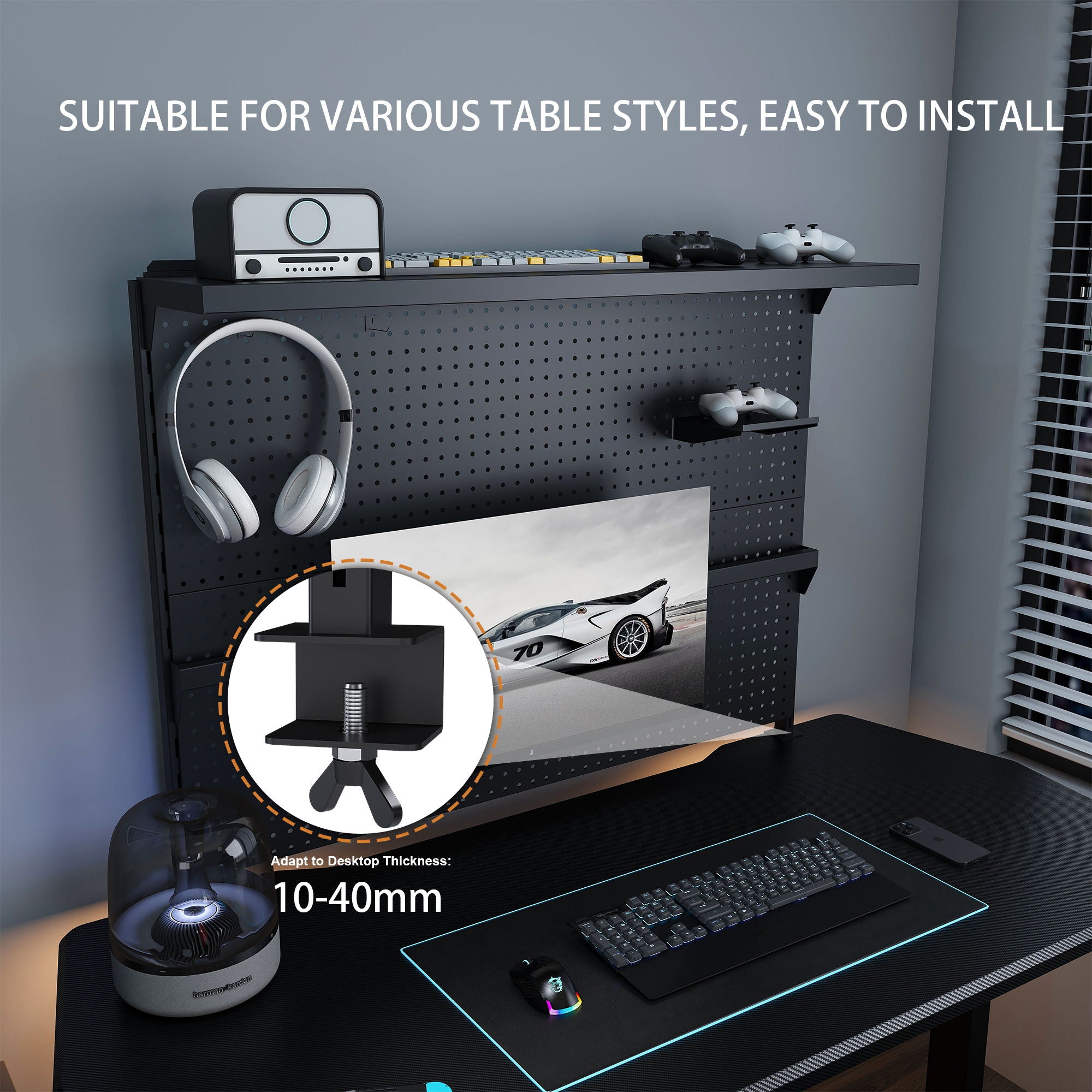 Clamp On Desk Pegboard With Single Monitor Stand