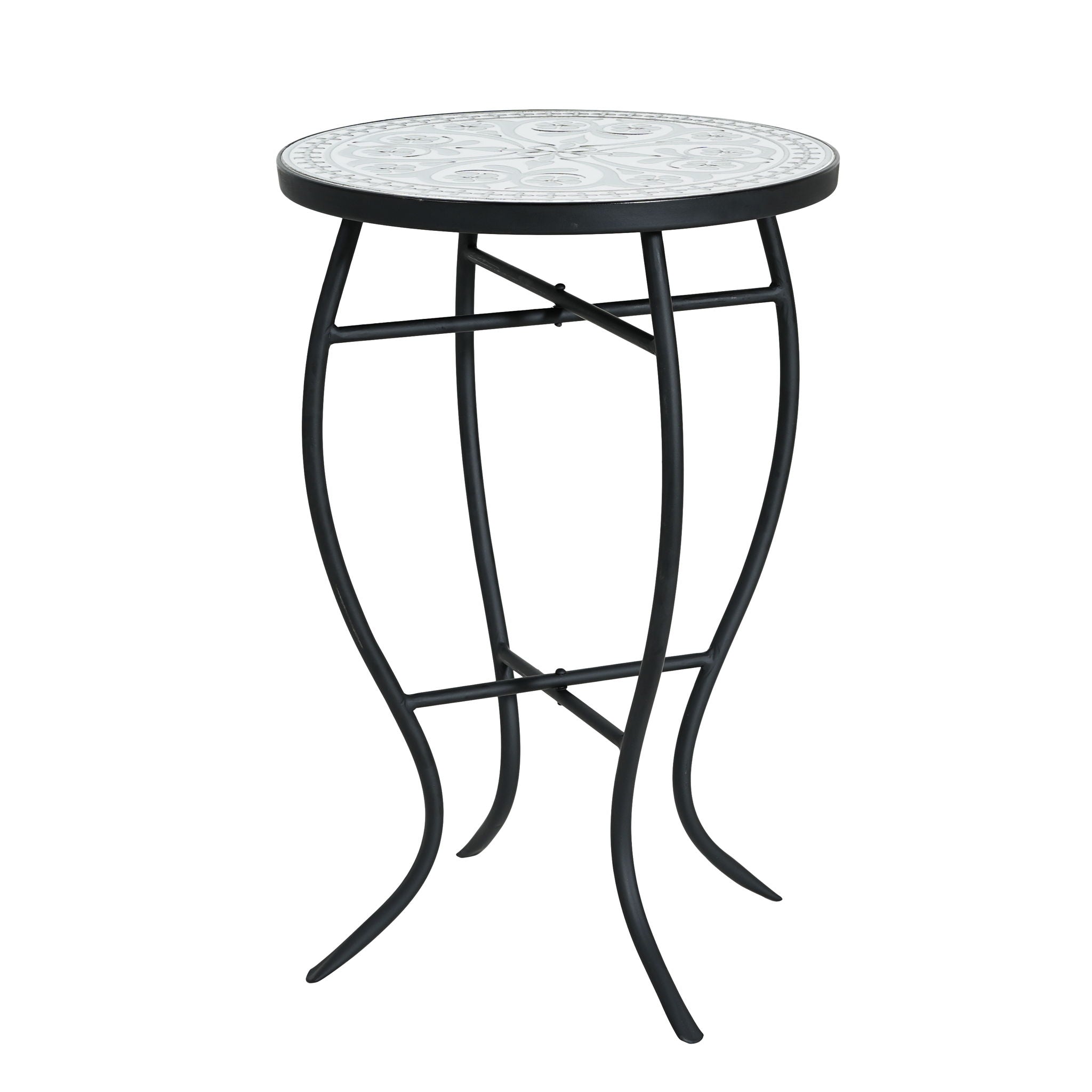 Outdoor Round Side Table With Mosaic Style Top And Curved Iron Legs